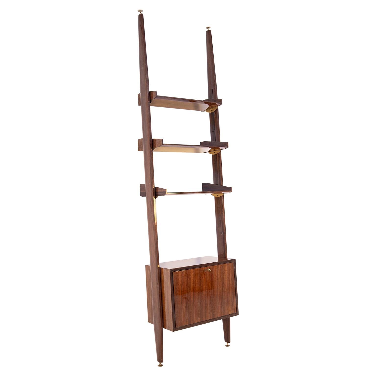 Italian Bookcase in Wood and Brass with Bar Cabinet