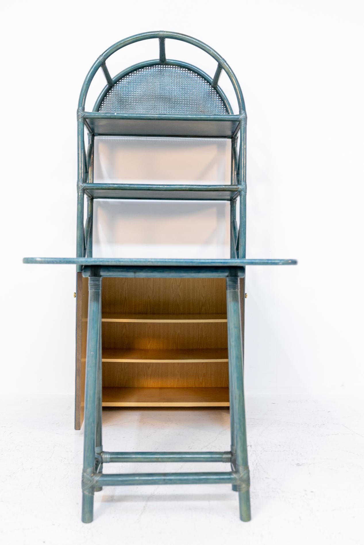 Mid-Century Modern Italian Bookcase with Desk in Blue Bamboo