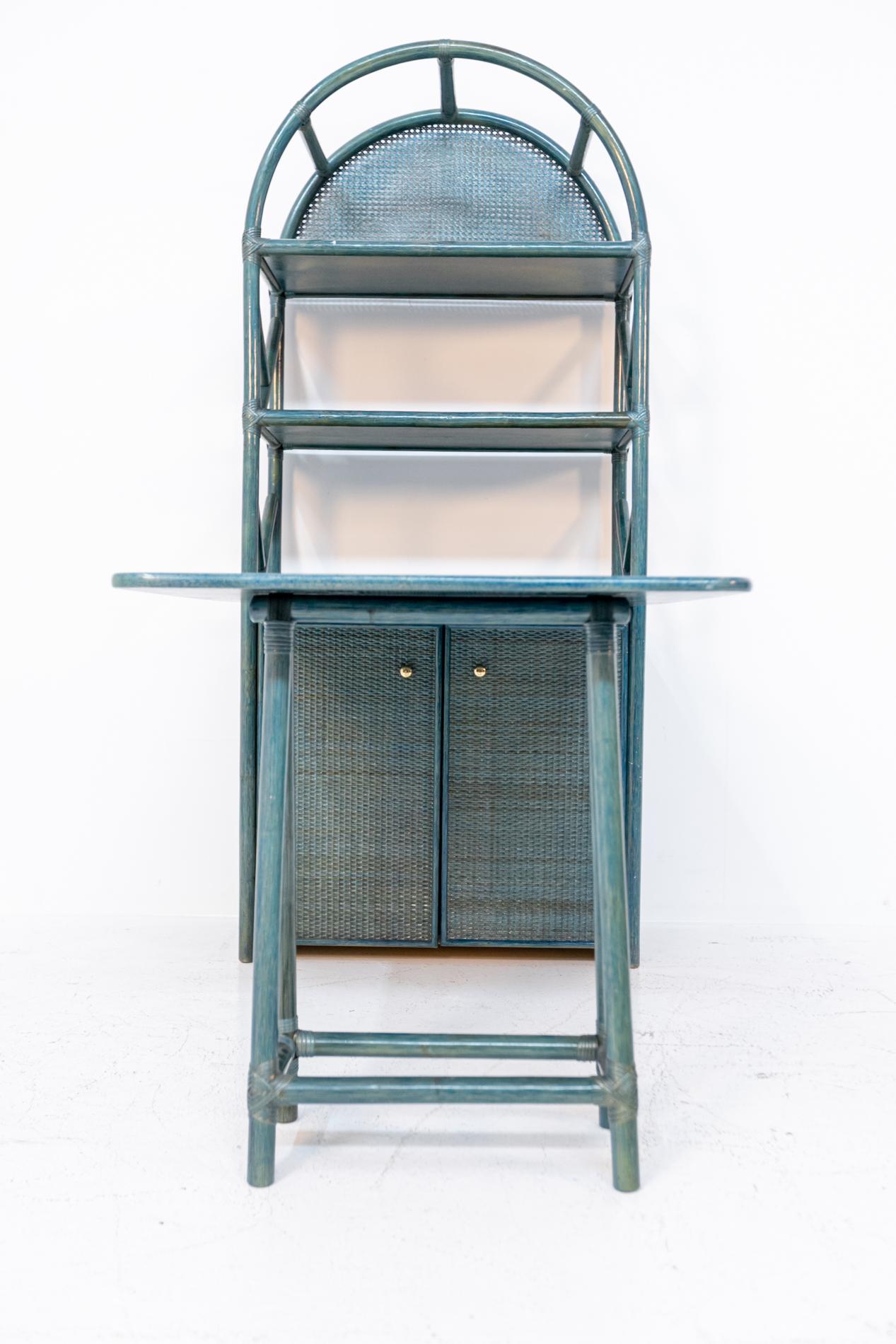 Italian Bookcase with Desk in Blue Bamboo In Good Condition In Milano, IT