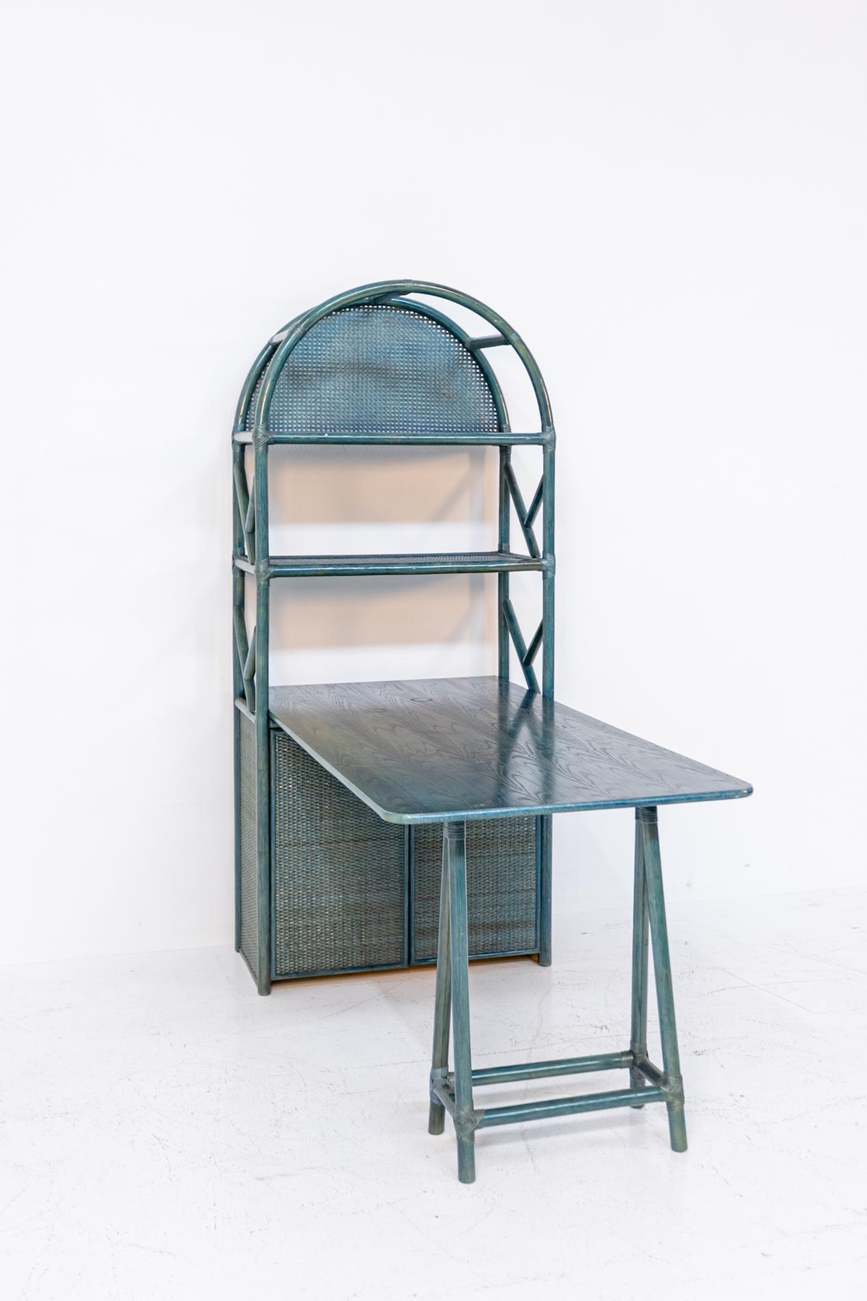 Italian Bookcase with Desk in Blue Bamboo 2
