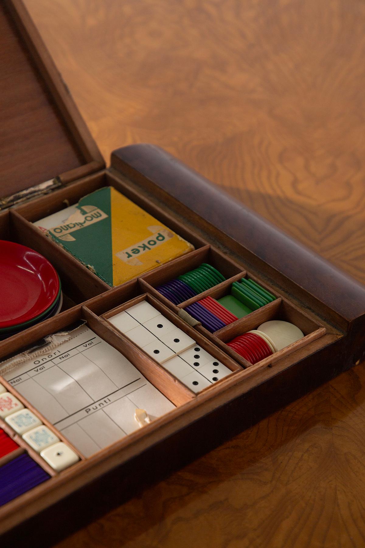 Metal Italian box containing games in burl ART DECO For Sale