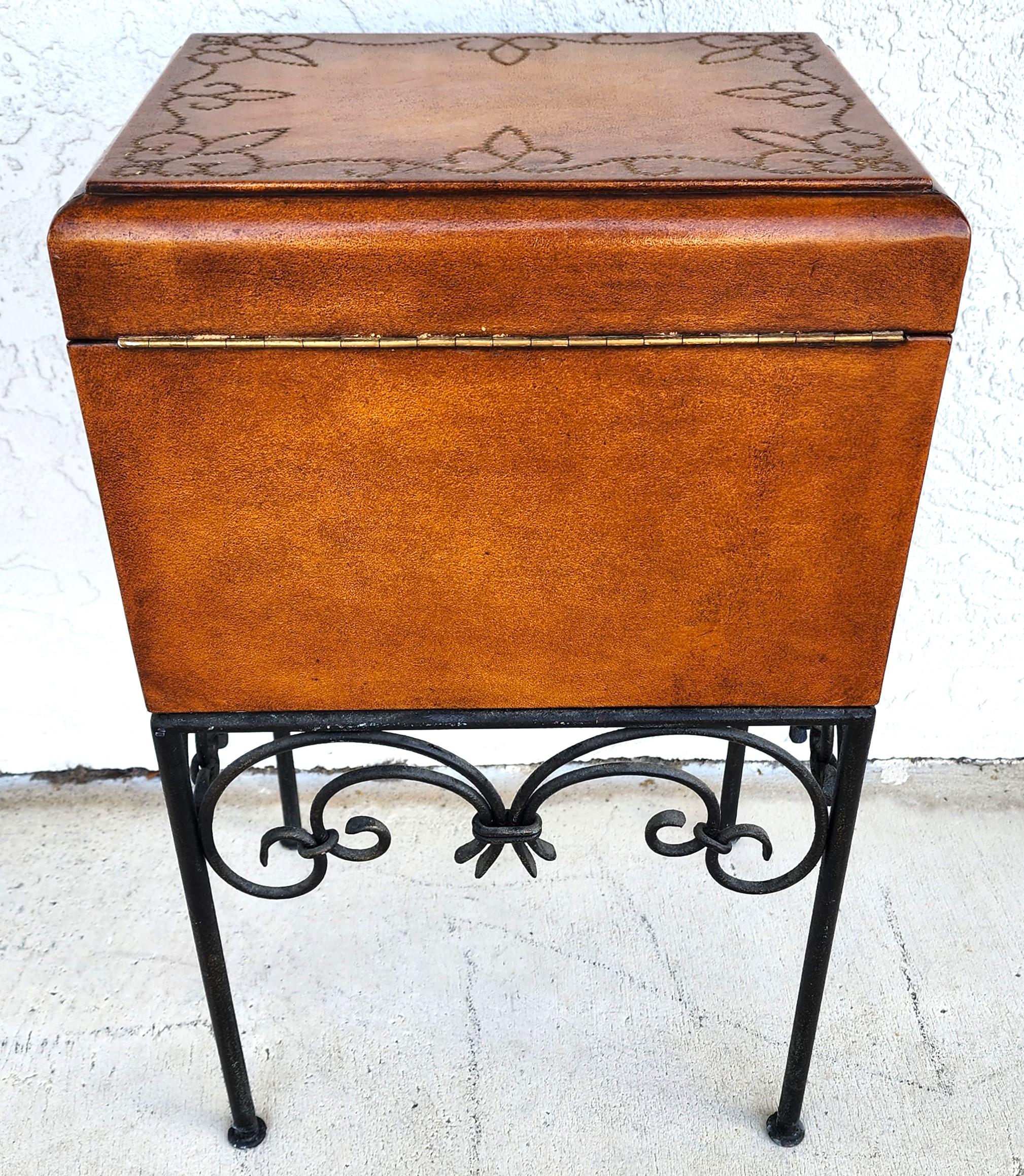 Italian Box Table Leather Wrapped Wrought Iron For Sale 8