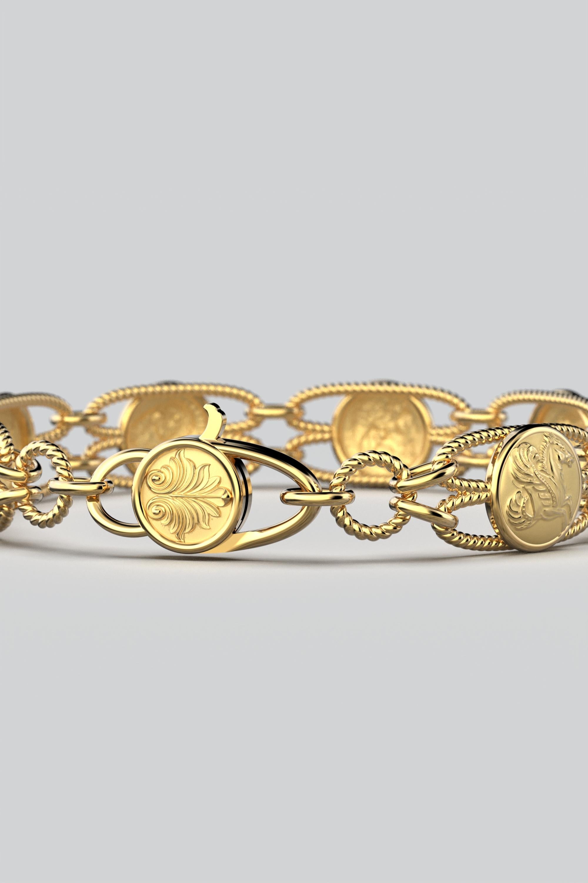 Made to order.
Discover our Italian Gold Bracelet in your choice of 14k or 18k solid gold, designed in a captivating Greek Coin Style Link with a delicate rope chain. This exquisite piece of Italian Fine Jewelry is meticulously handcrafted in the