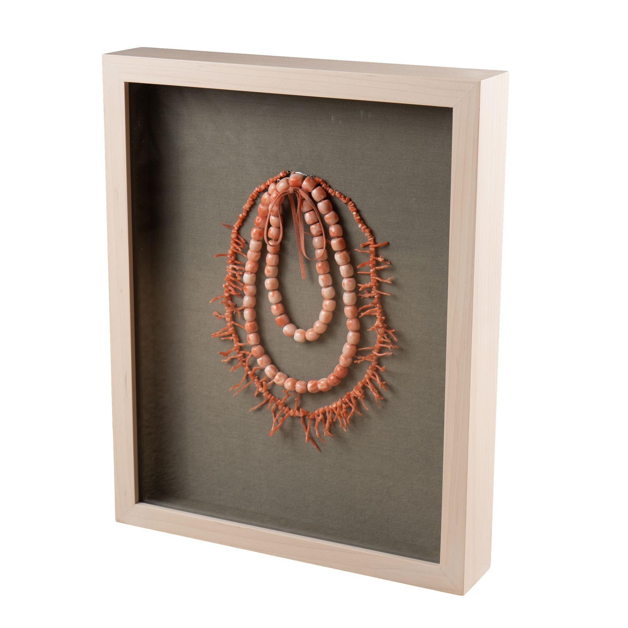 Italian branch coral and coral bead necklaces in a custom shadowbox, c. 1930 In Excellent Condition For Sale In Kenilworth, IL
