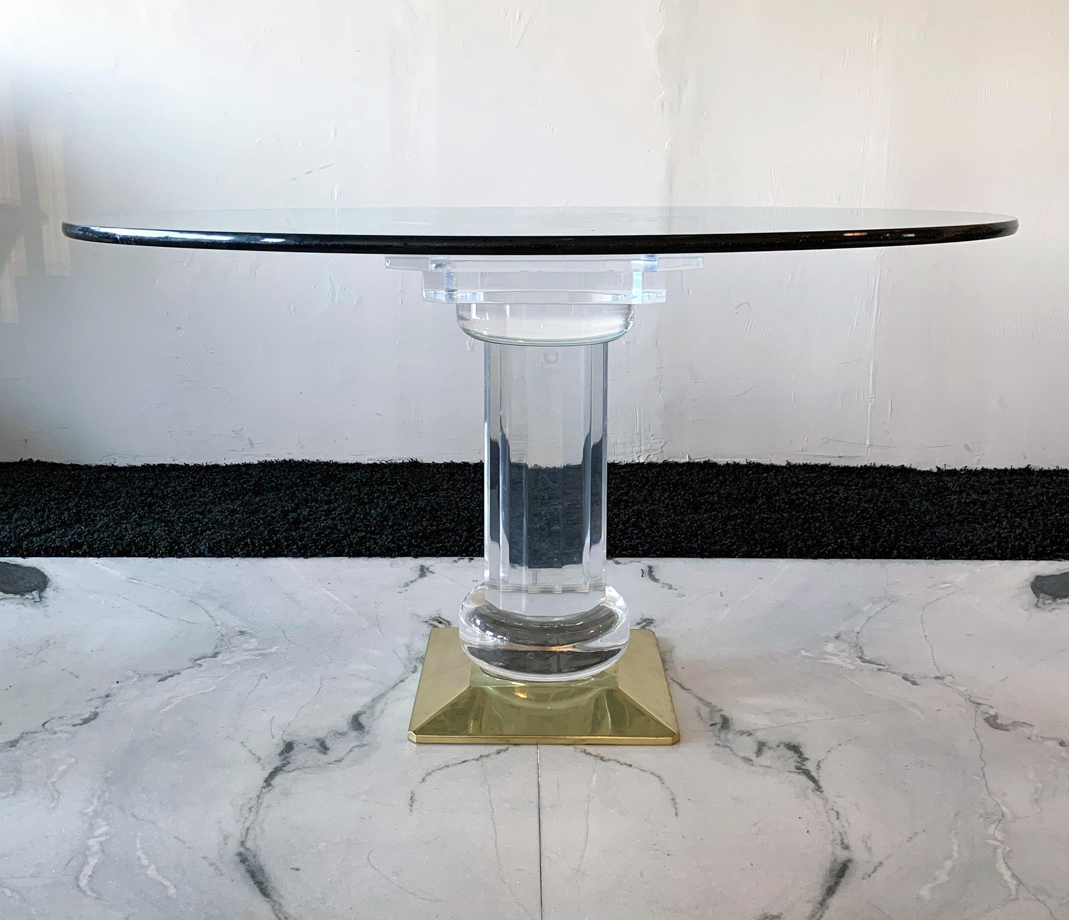 Polished Italian Brass, Acrylic and Glass Dining Table Pedestal 1970s