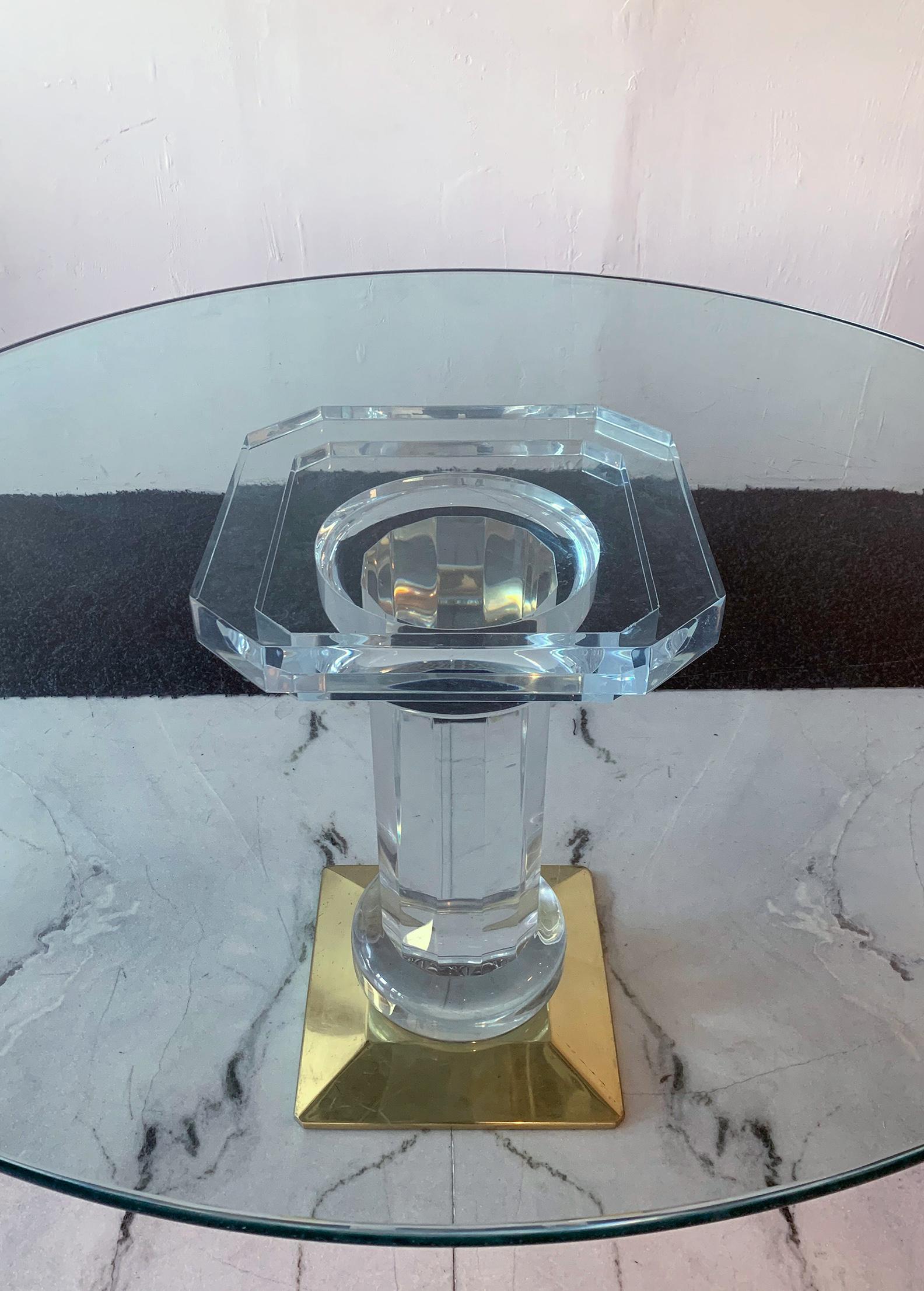 Italian Brass, Acrylic and Glass Dining Table Pedestal 1970s In Good Condition In Culver City, CA