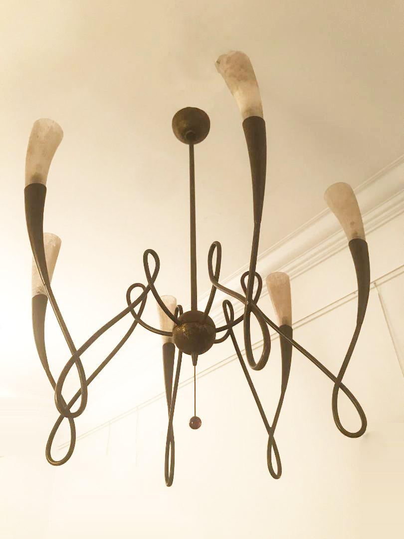 Italian Metal Scroll and Glass Chandelier by Terzani