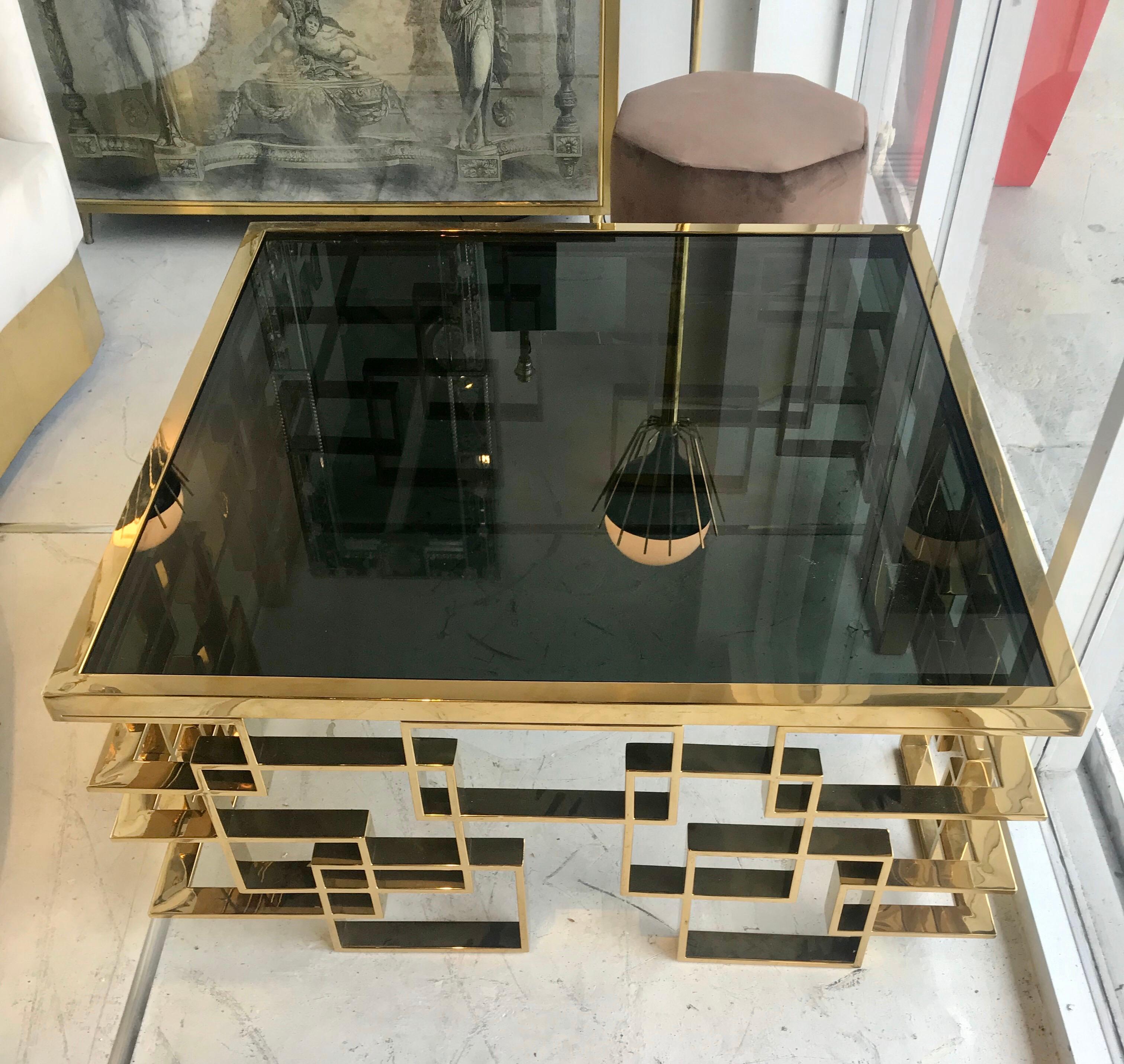 Italian Brass and Black Glass Cocktail Table For Sale 5
