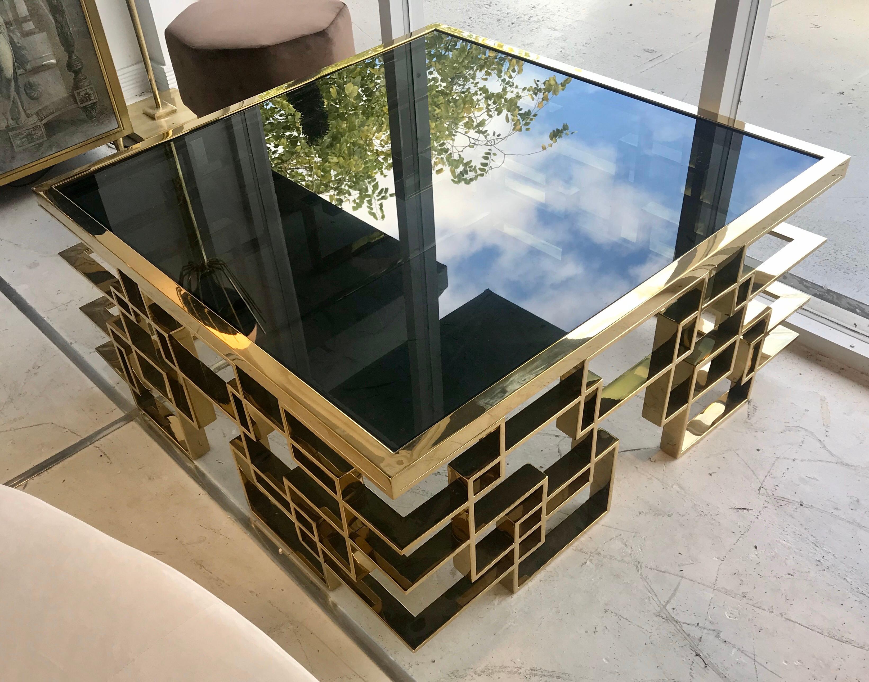 Mid-Century Modern Italian Brass and Black Glass Cocktail Table For Sale