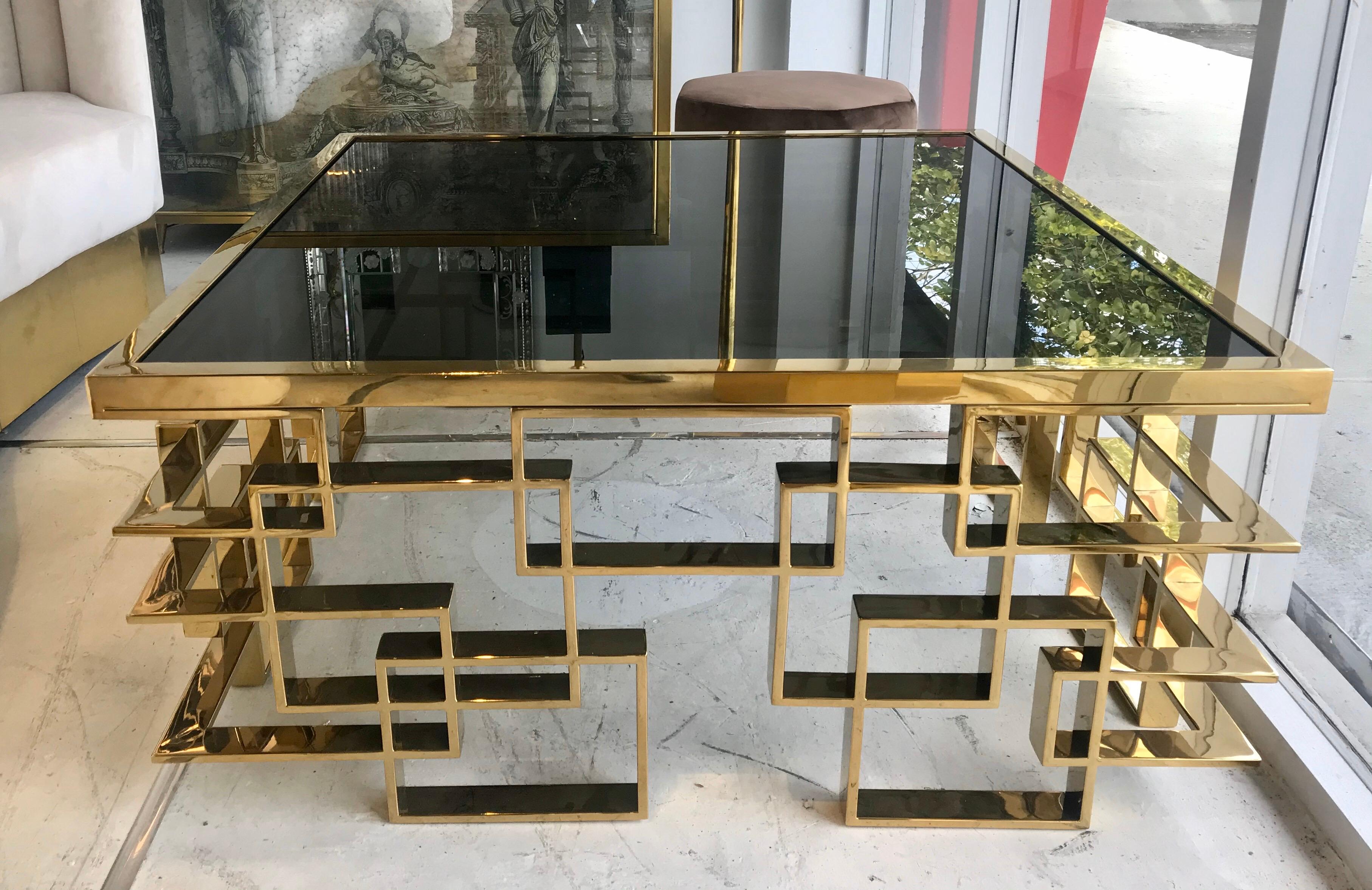 Mid-20th Century Italian Brass and Black Glass Cocktail Table For Sale