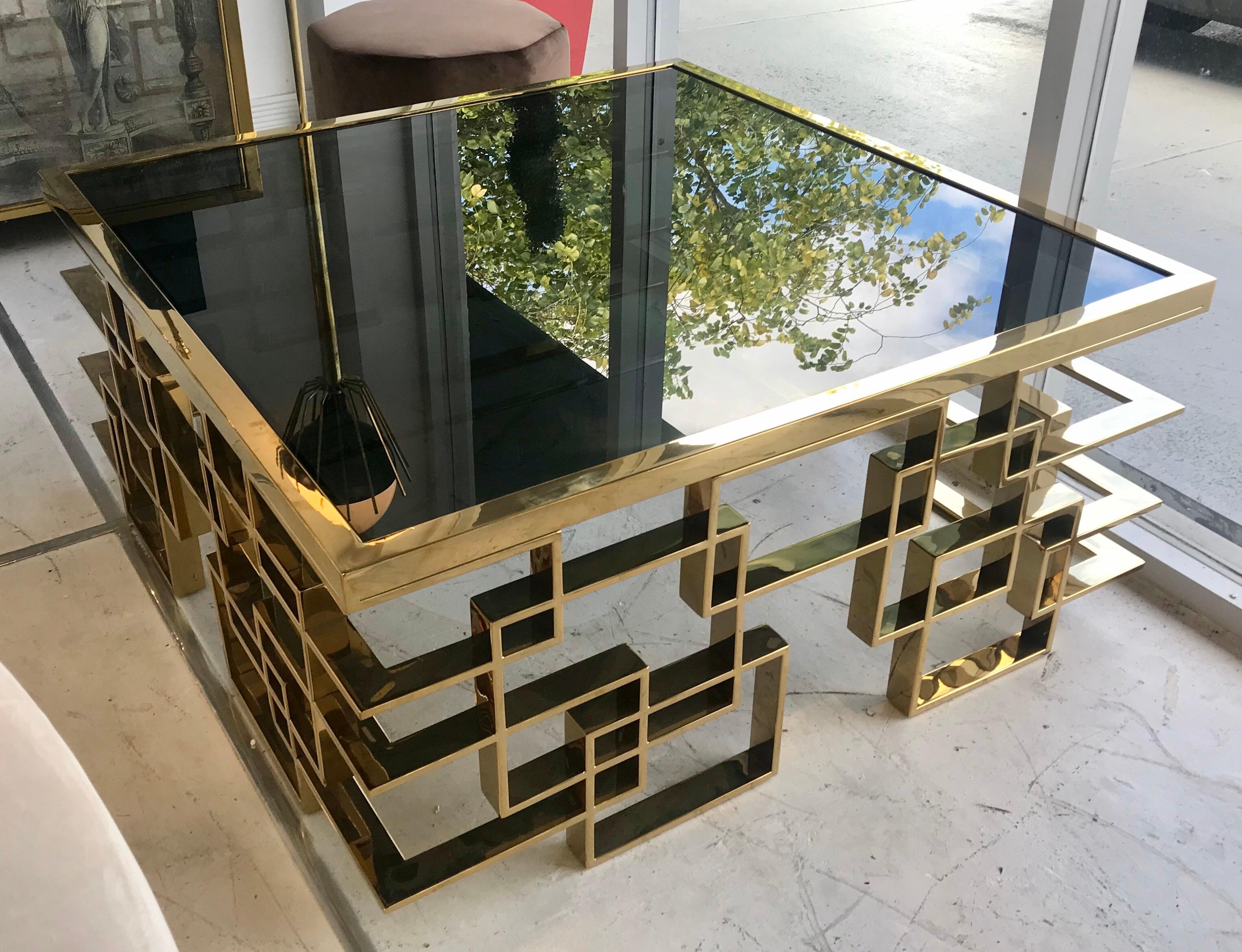 Italian Brass and Black Glass Cocktail Table For Sale 1