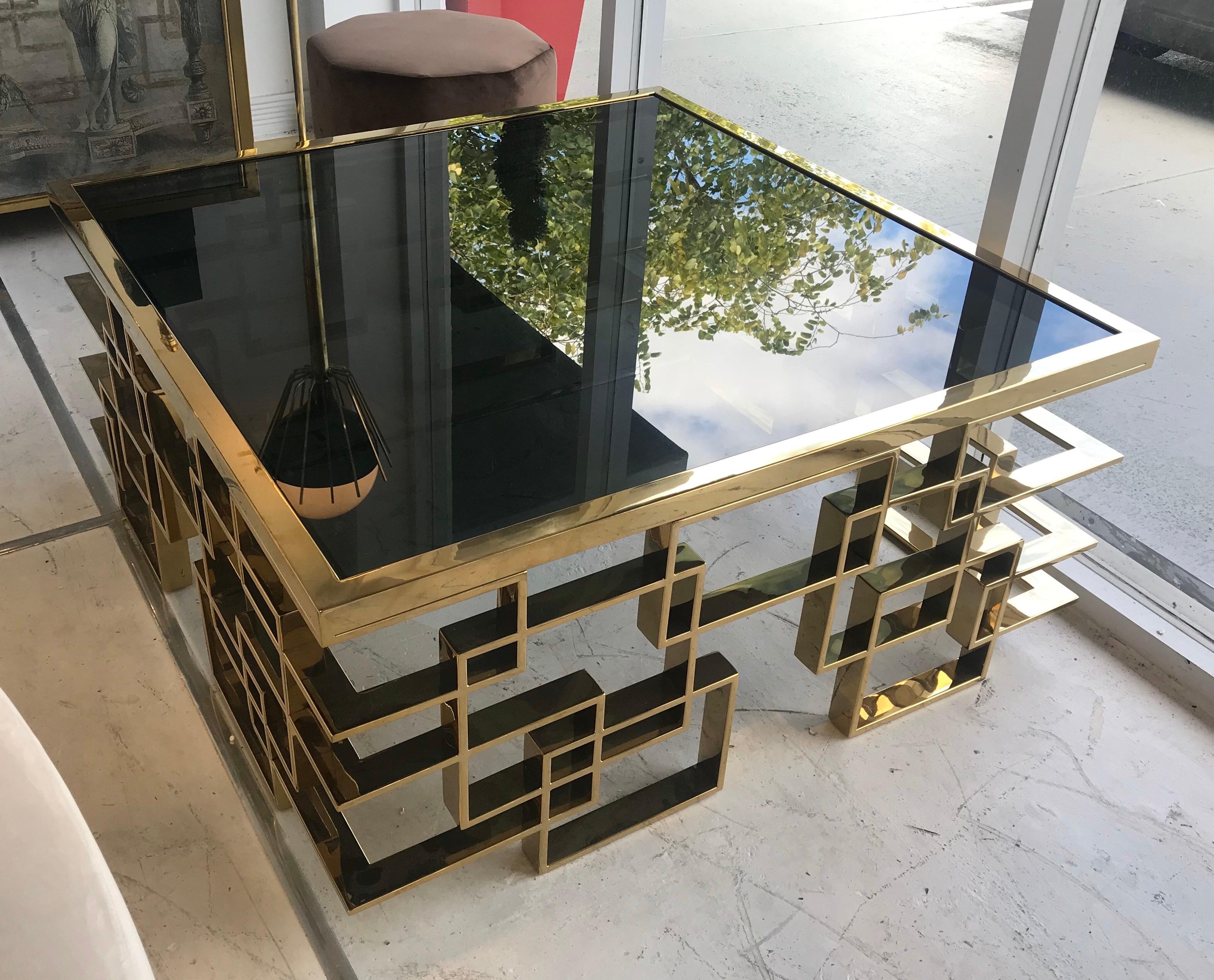 Italian Brass and Black Glass Cocktail Table For Sale 2