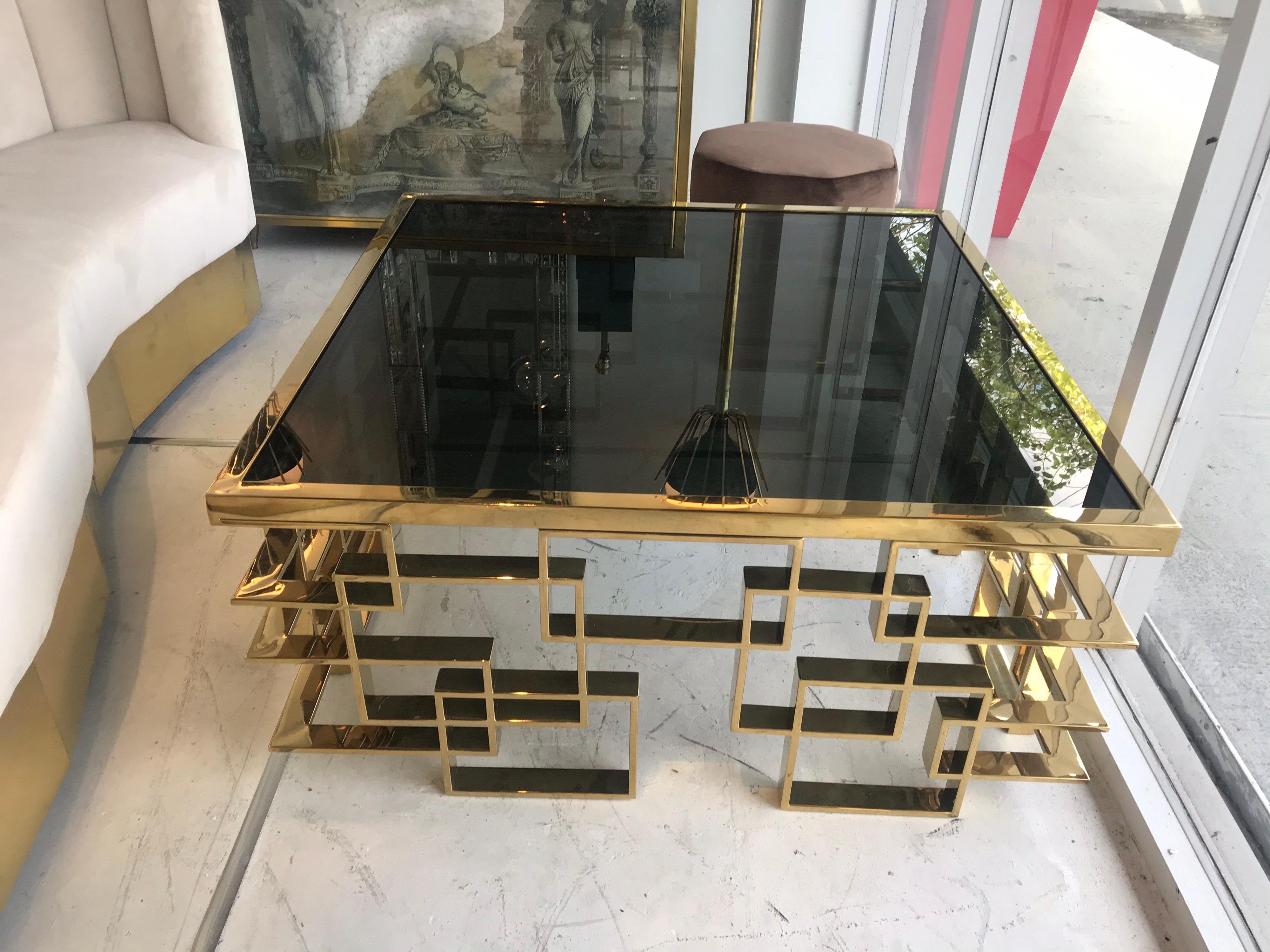 Italian Brass and Black Glass Cocktail Table For Sale 3
