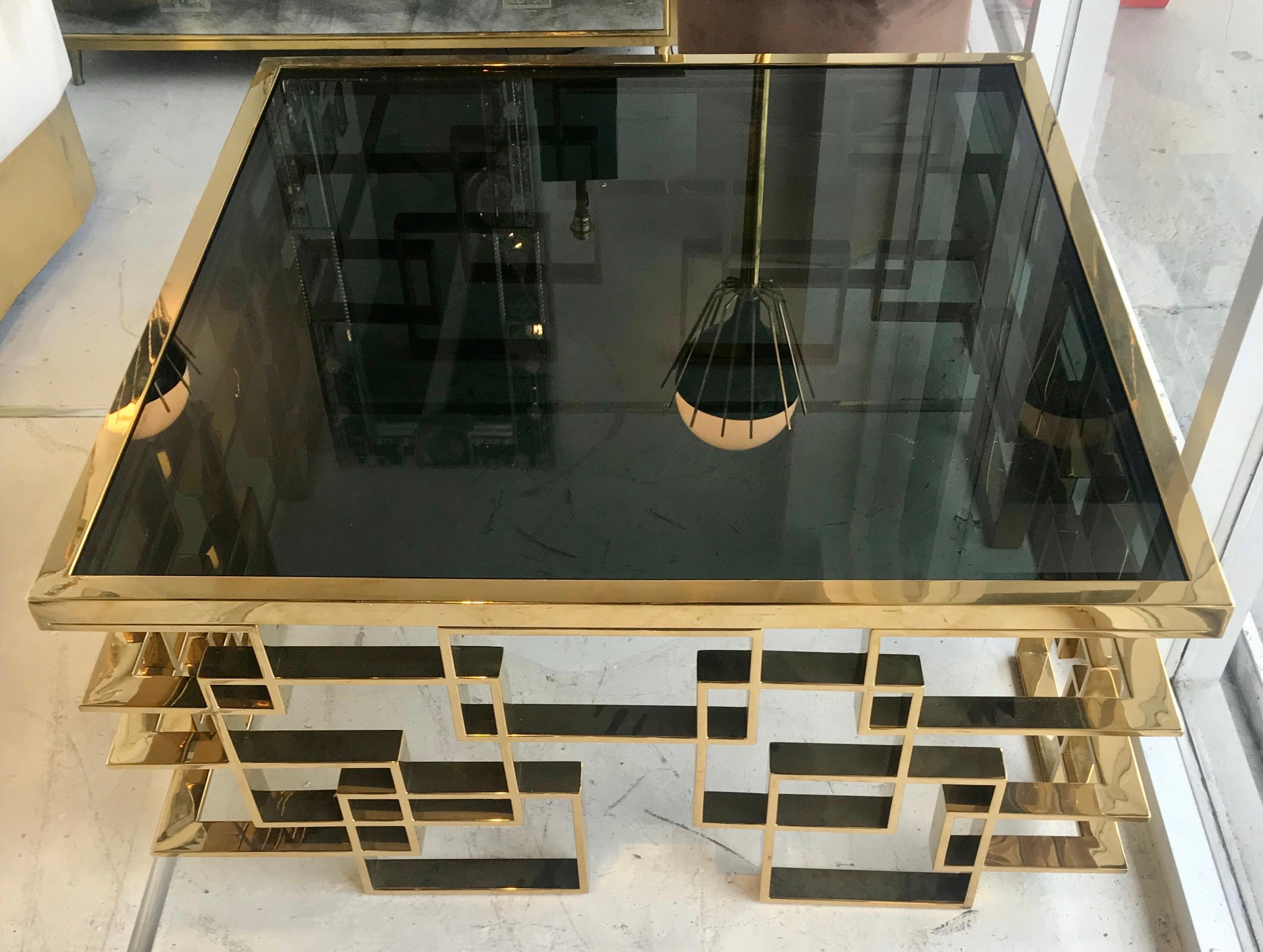 Italian Brass and Black Glass Cocktail Table For Sale 4