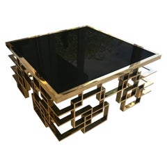 Retro Italian Brass and Black Glass Cocktail Table