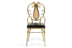 Italian Brass and Black Patent Leather Scroll Back Side Chair