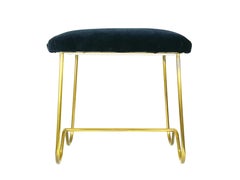 Italian Brass and Blue Velvet Mid Century Pouf or Ottoman