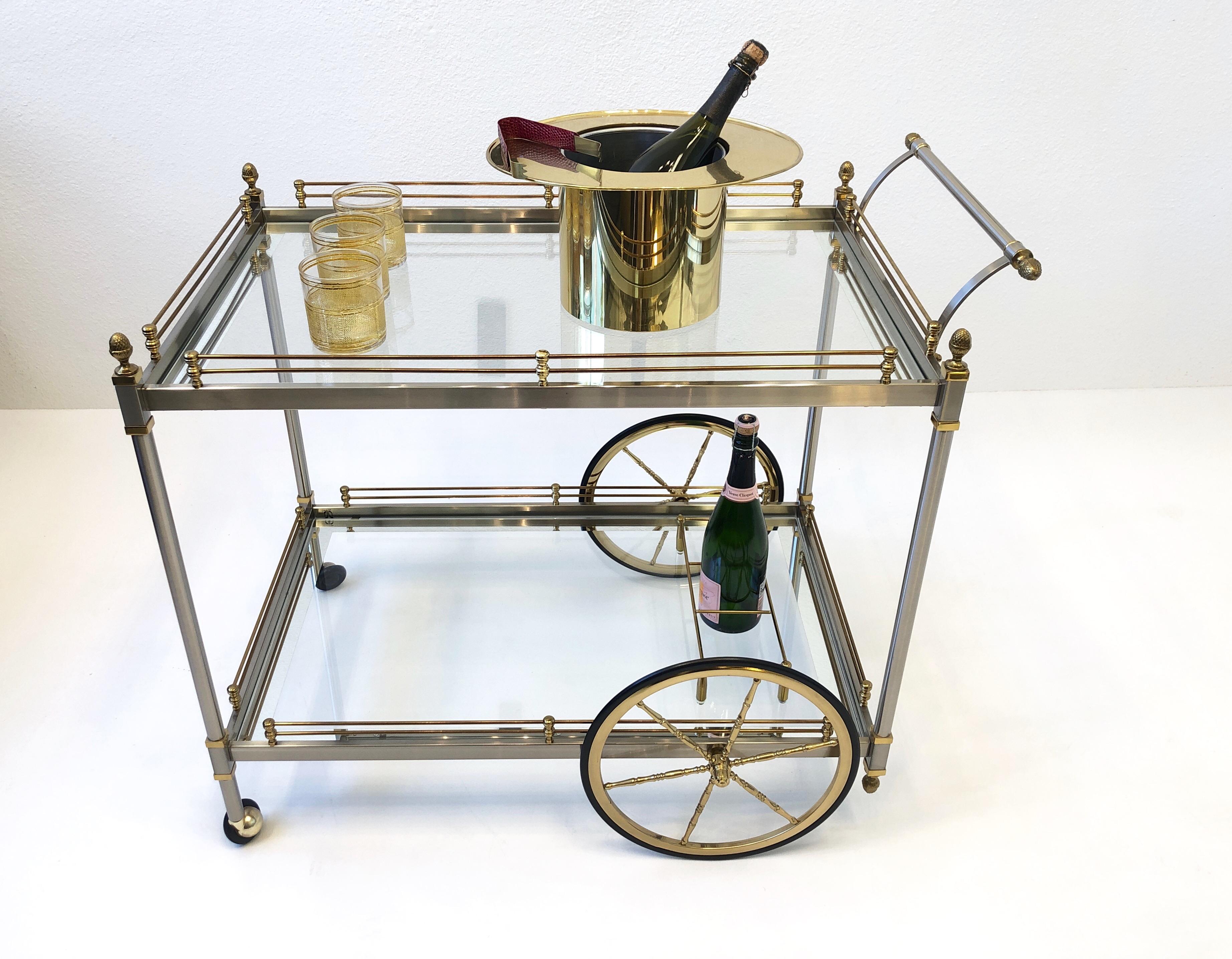 Italian Brass and Brushed Steel Two Tier Bar Cart  For Sale 3