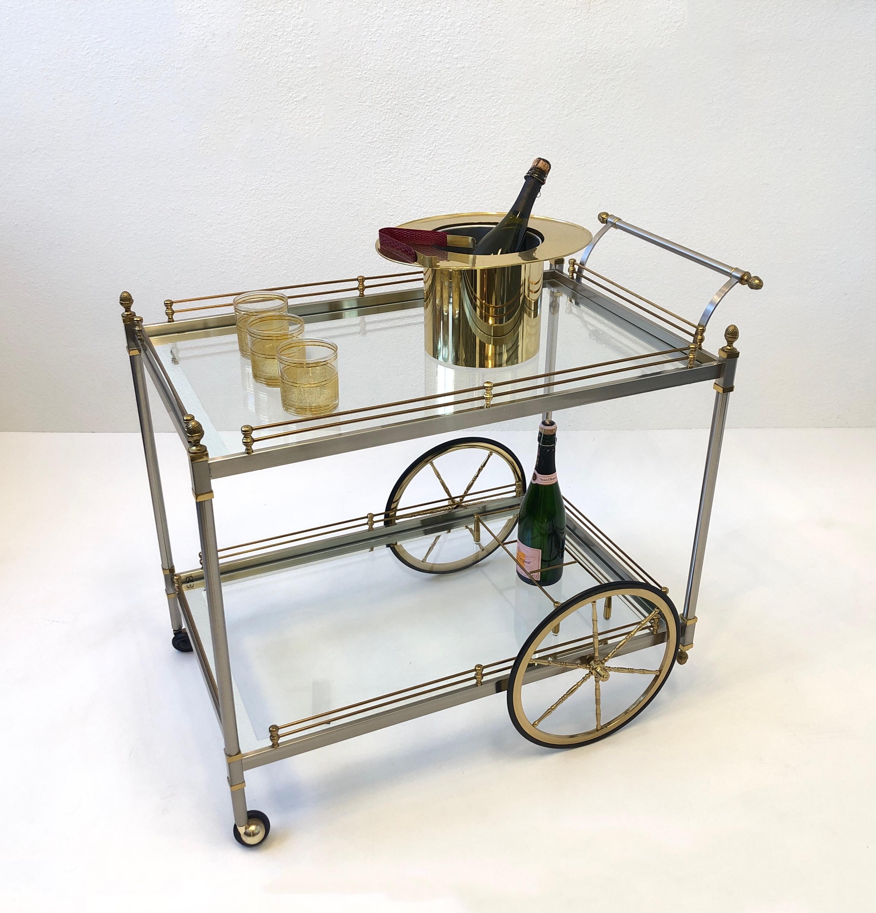 Italian Brass and Brushed Steel Two Tier Bar Cart  For Sale 4