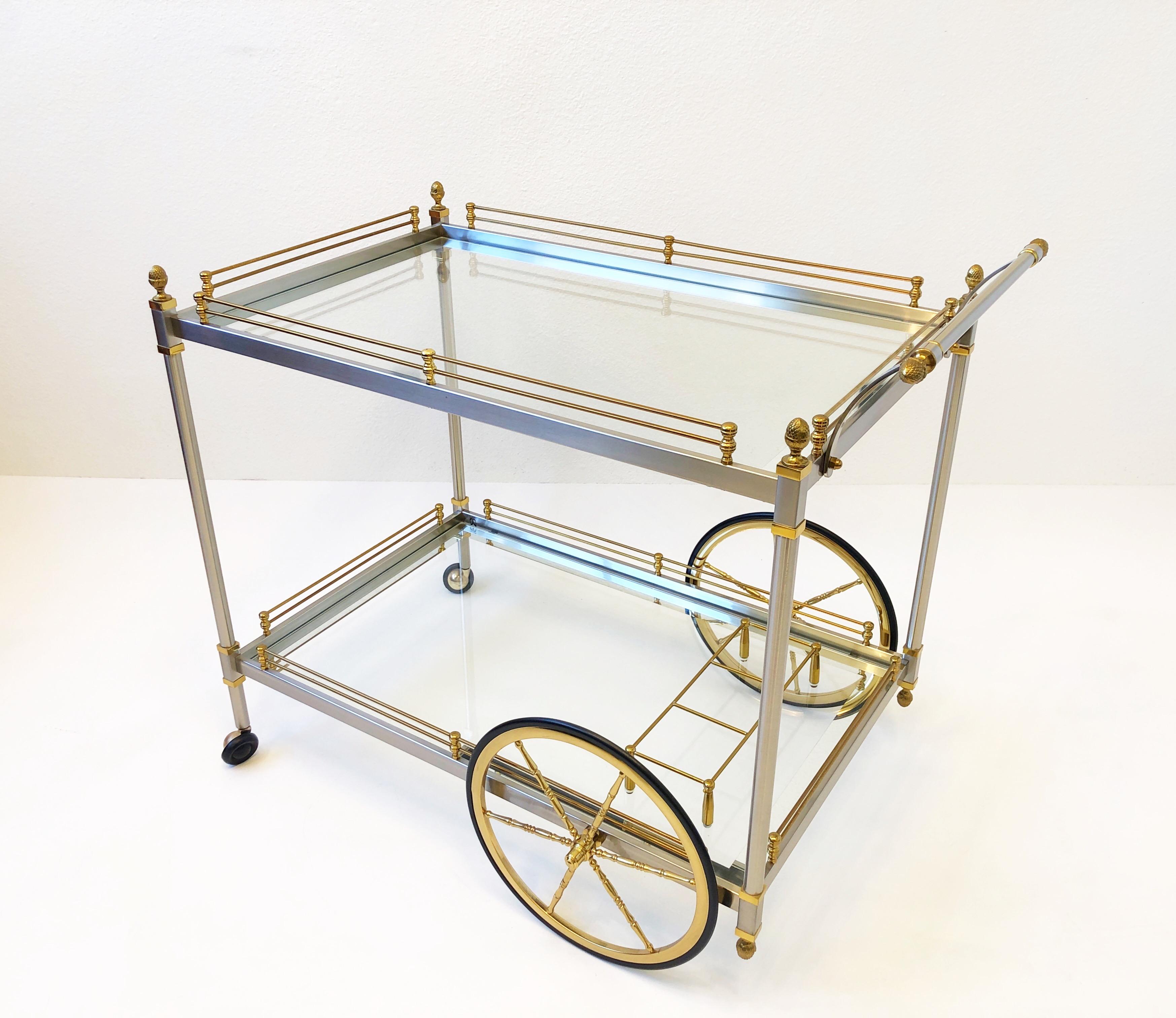 Hollywood Regency Italian Brass and Brushed Steel Two Tier Bar Cart  For Sale