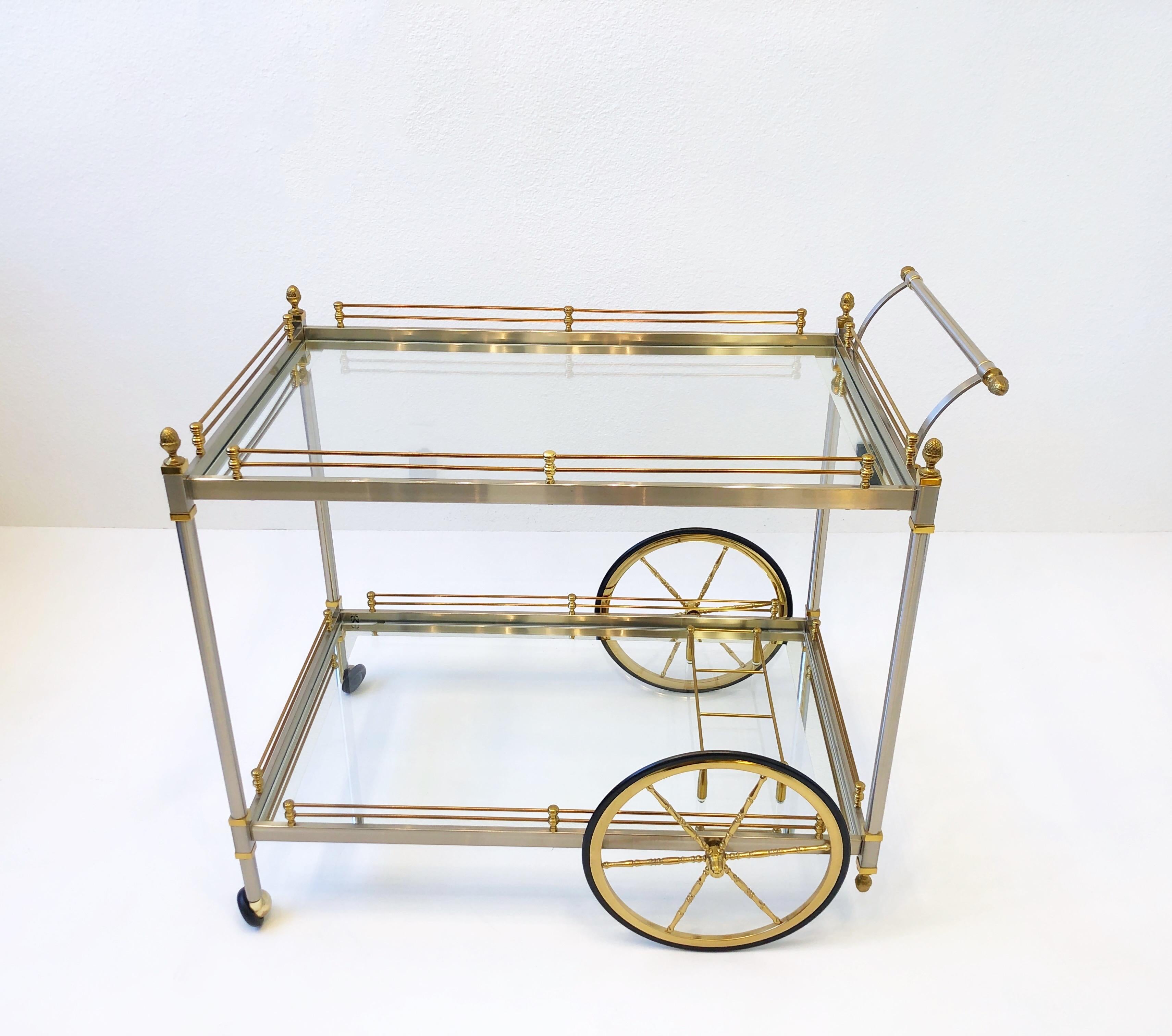 Polished Italian Brass and Brushed Steel Two Tier Bar Cart  For Sale