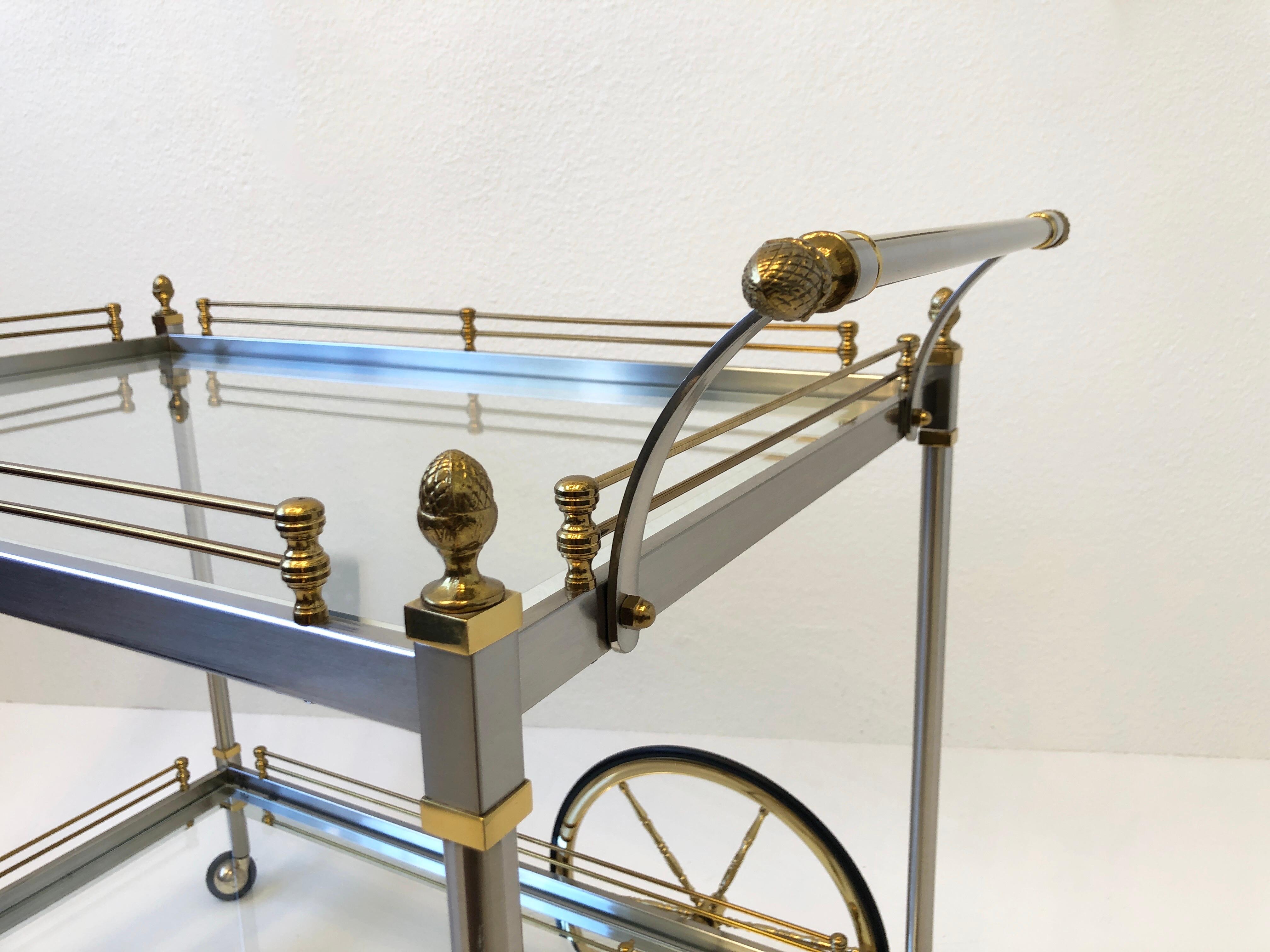 Italian Brass and Brushed Steel Two Tier Bar Cart  In Good Condition For Sale In Palm Springs, CA
