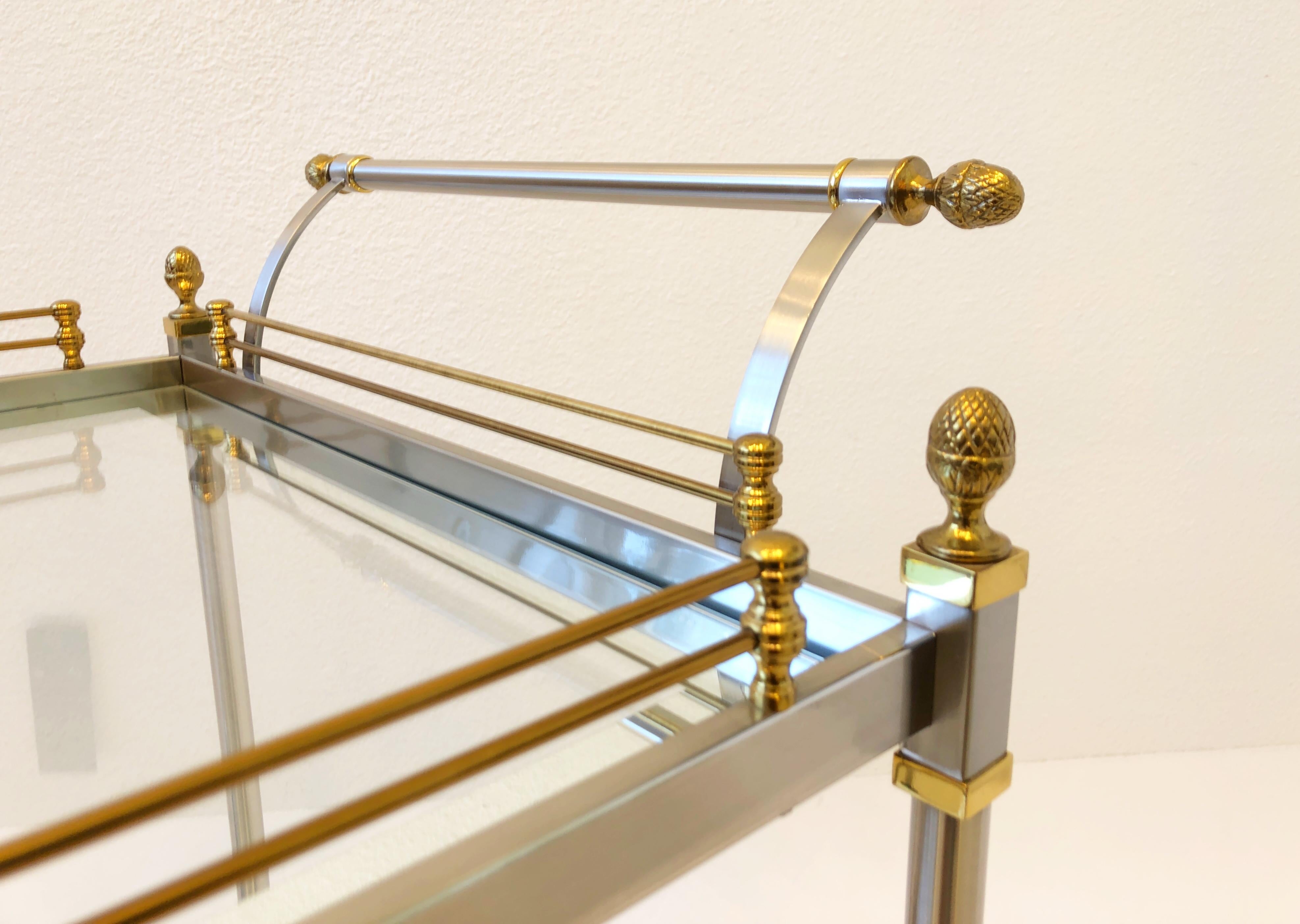 Late 20th Century Italian Brass and Brushed Steel Two Tier Bar Cart  For Sale