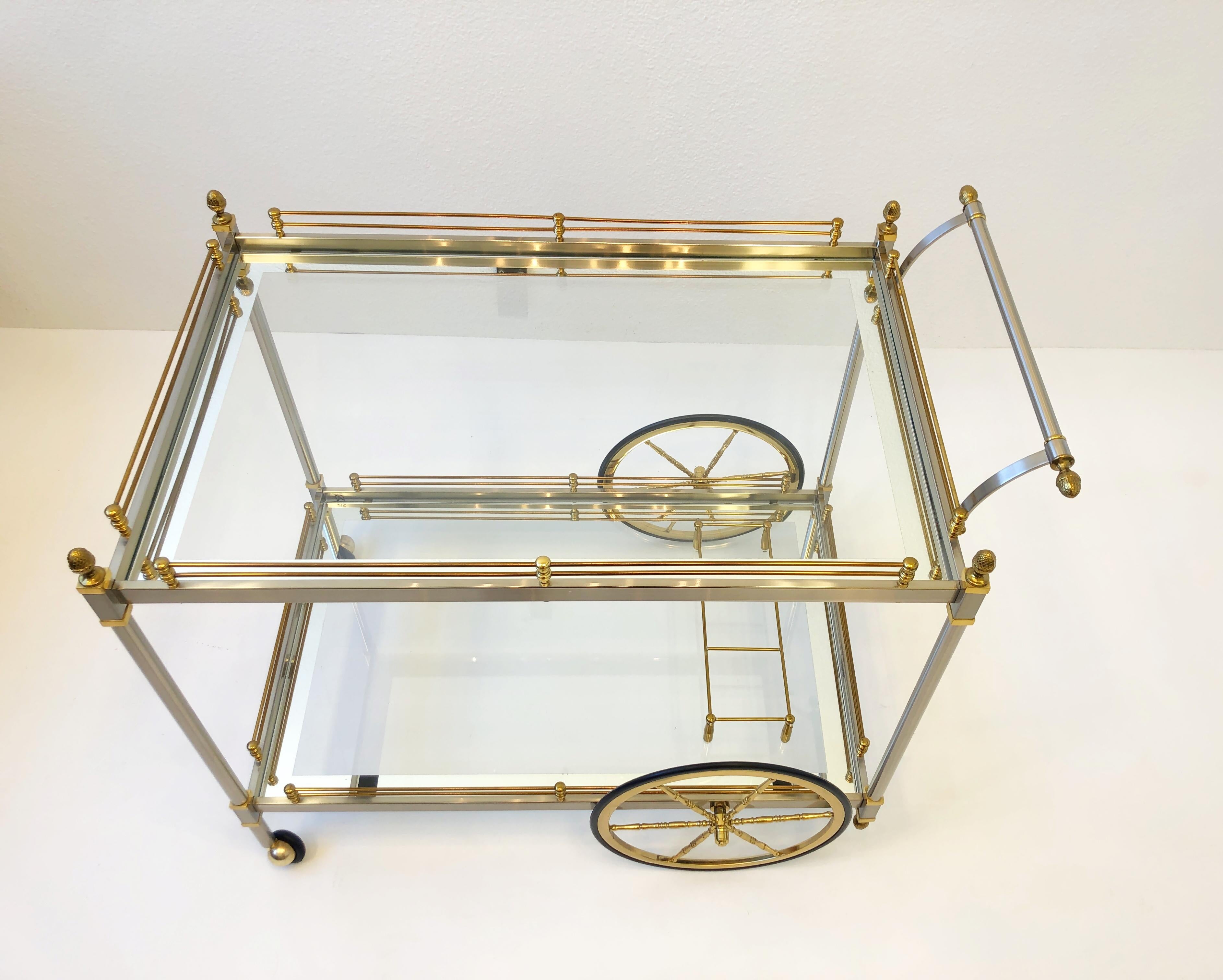Italian Brass and Brushed Steel Two Tier Bar Cart  For Sale 2