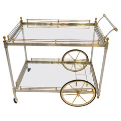 Carrito de bar de dos pisos de latón italiano y acero cepillado