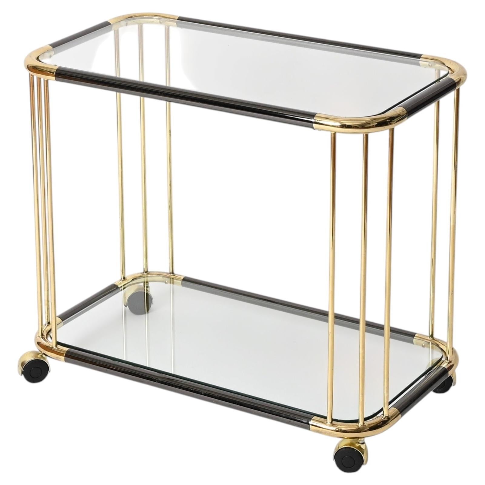 Italian Brass and Burnished Metal Bar Cart, Willy Rizzo Style, 1970s For Sale