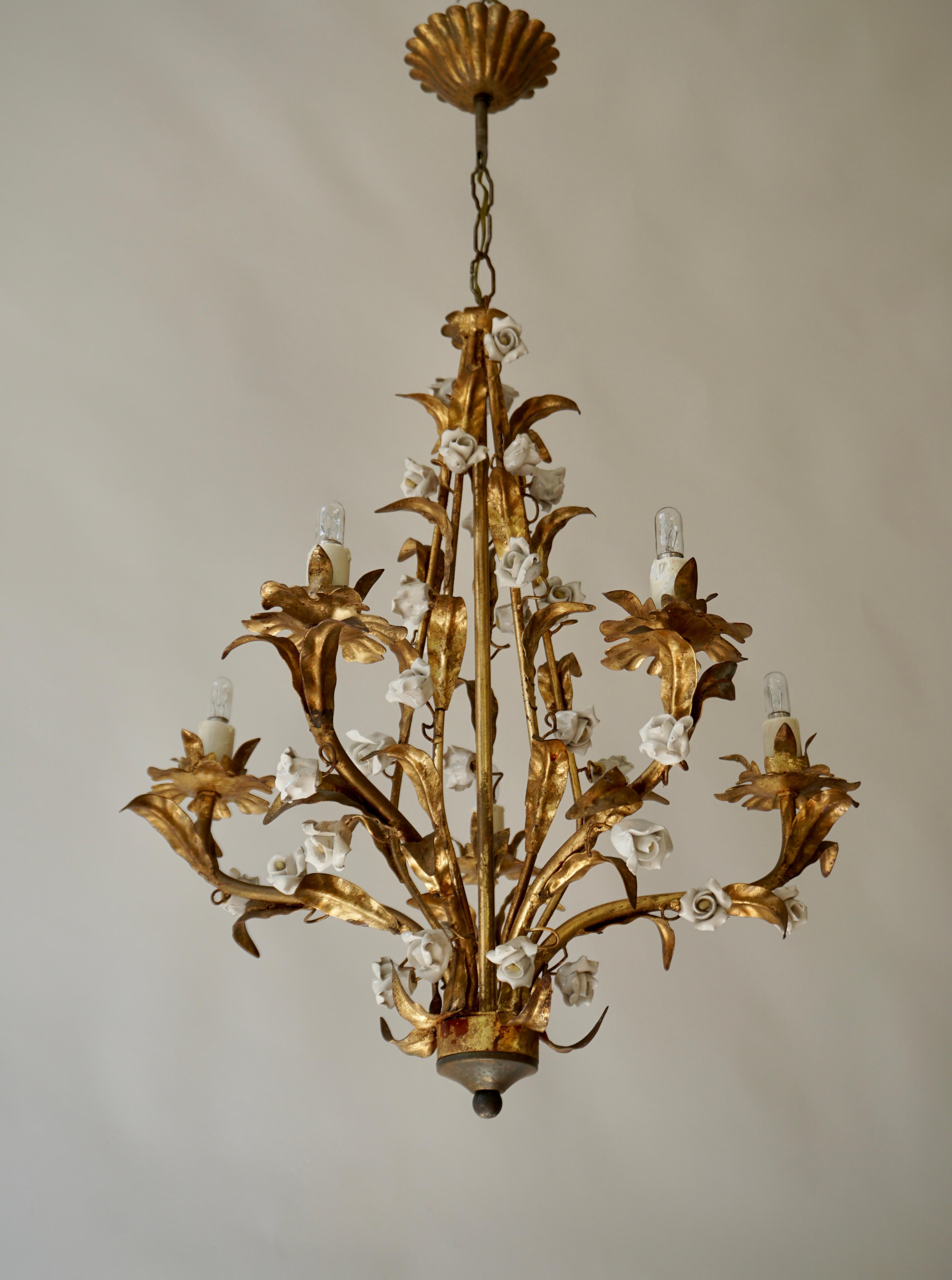 Two Italian Brass and Ceramic White and Pink Roses Tole Chandelier For Sale 2