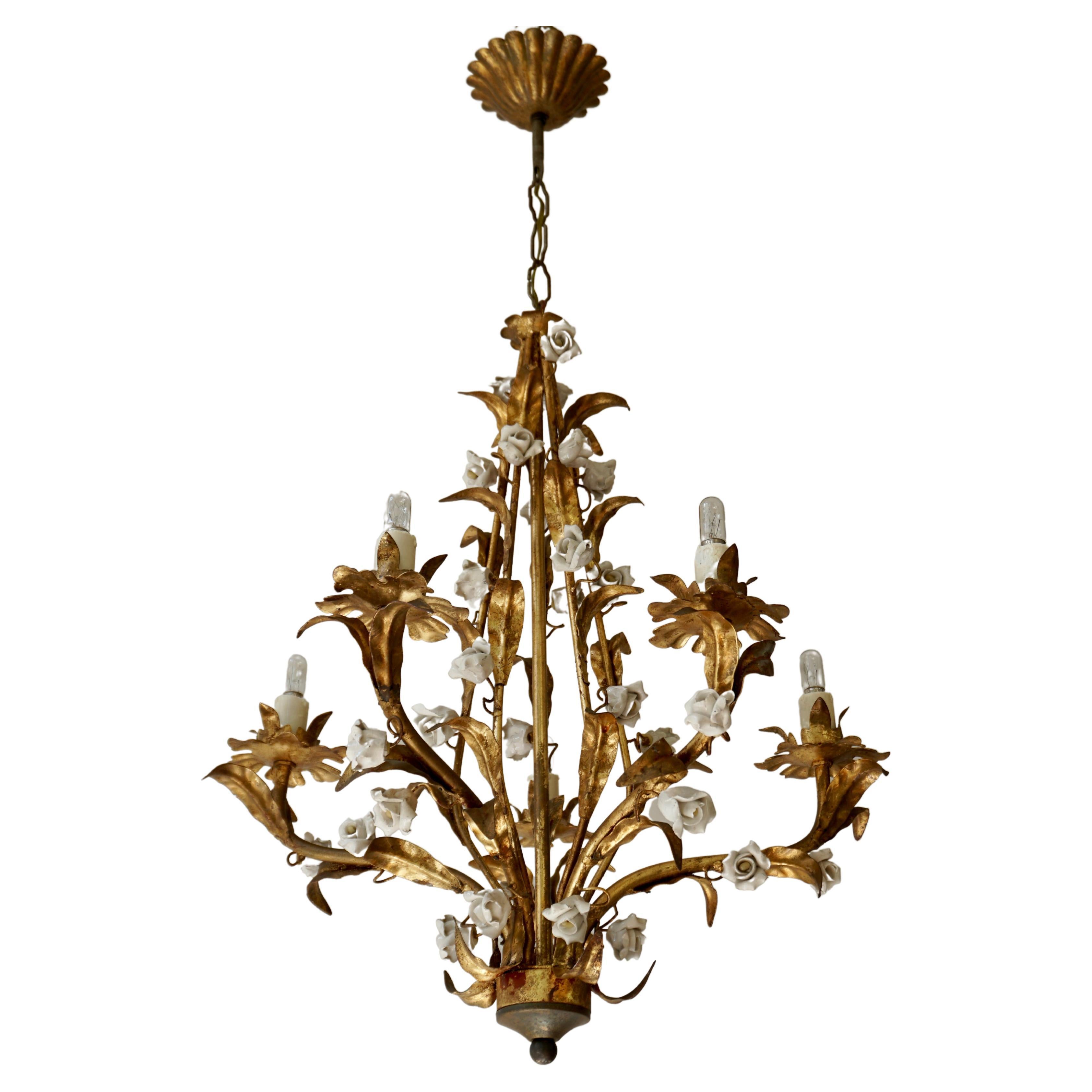 Two Italian Brass and Ceramic White and Pink Roses Tole Chandelier For Sale
