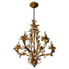 Two Italian Brass and Ceramic White and Pink Roses Tole Chandelier