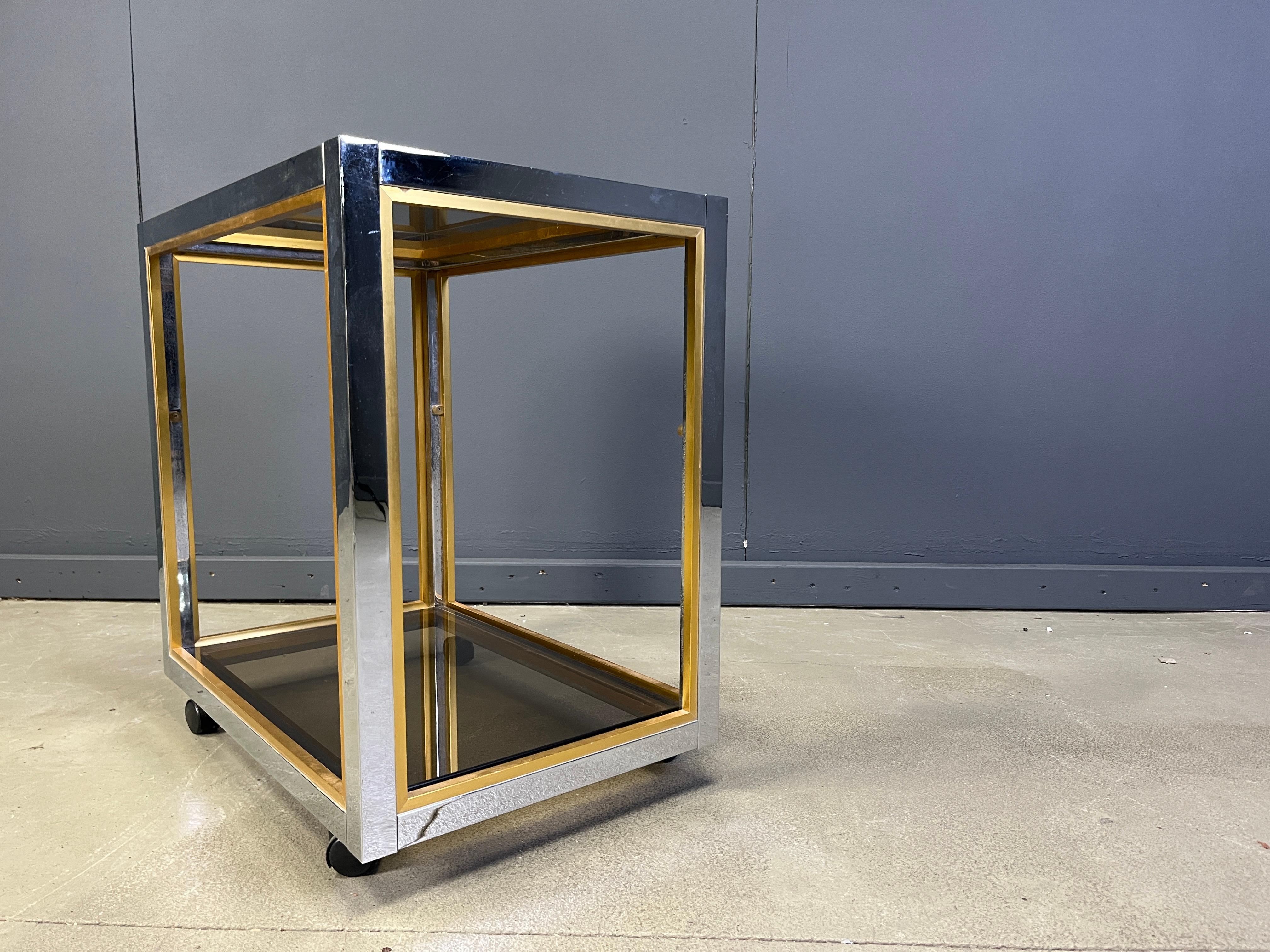 Late 20th Century Italian brass and chrome drinks trolley in the manner of Romeo Rega, 1970s For Sale
