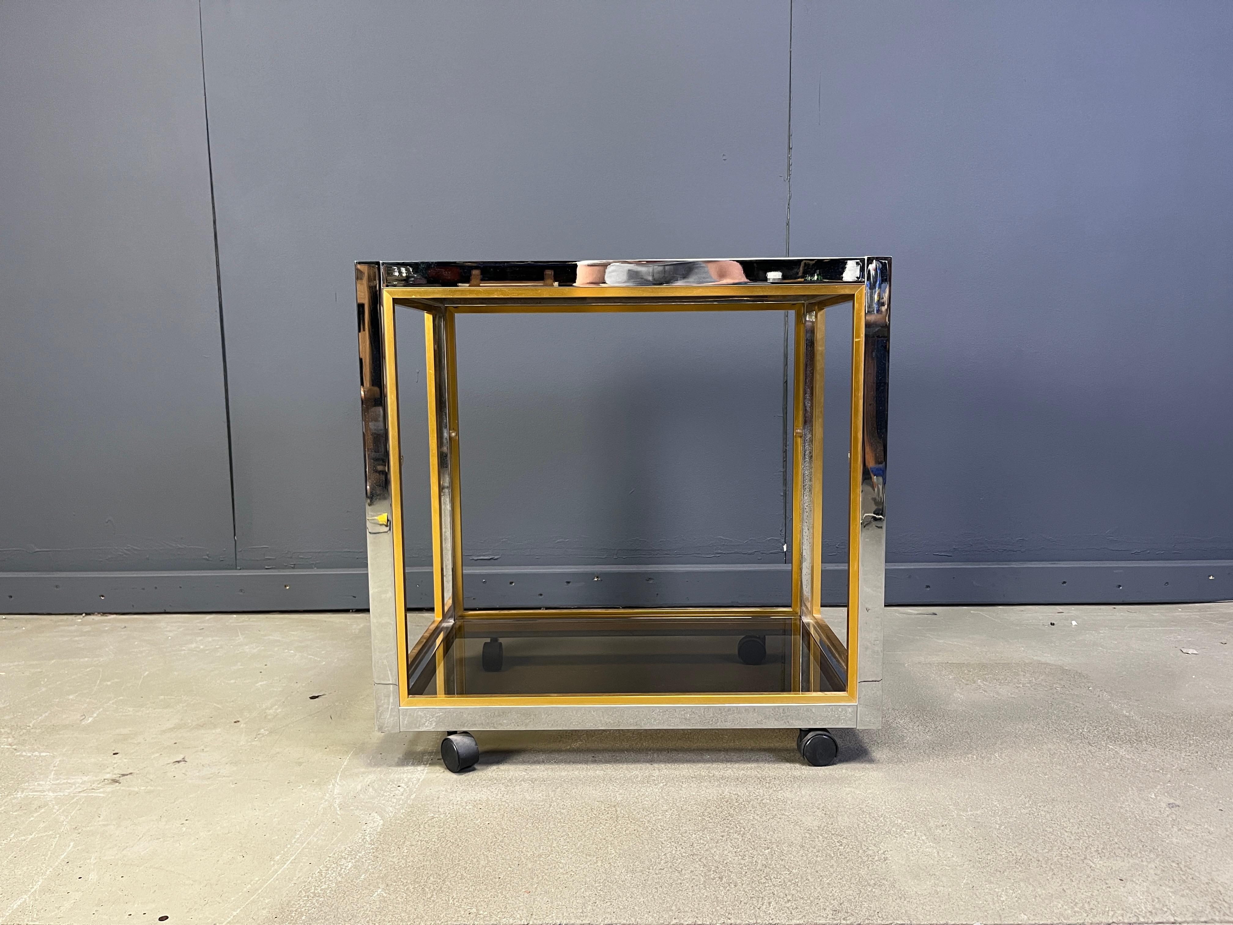 Brass Italian brass and chrome drinks trolley in the manner of Romeo Rega, 1970s For Sale