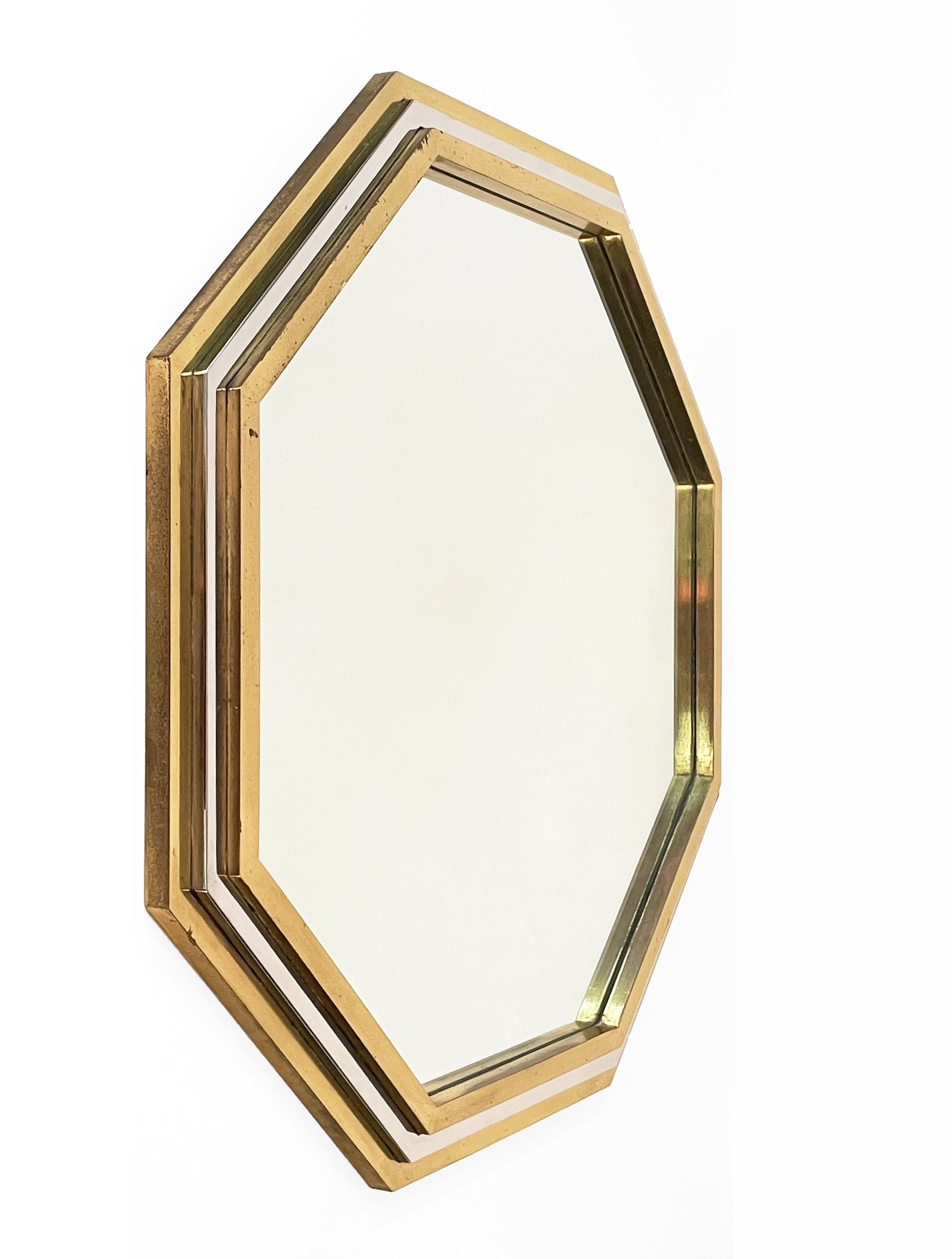 Italian Brass and Chrome Octagonal Wall Mirror Attributed to Willy Rizzo, 1970s 5