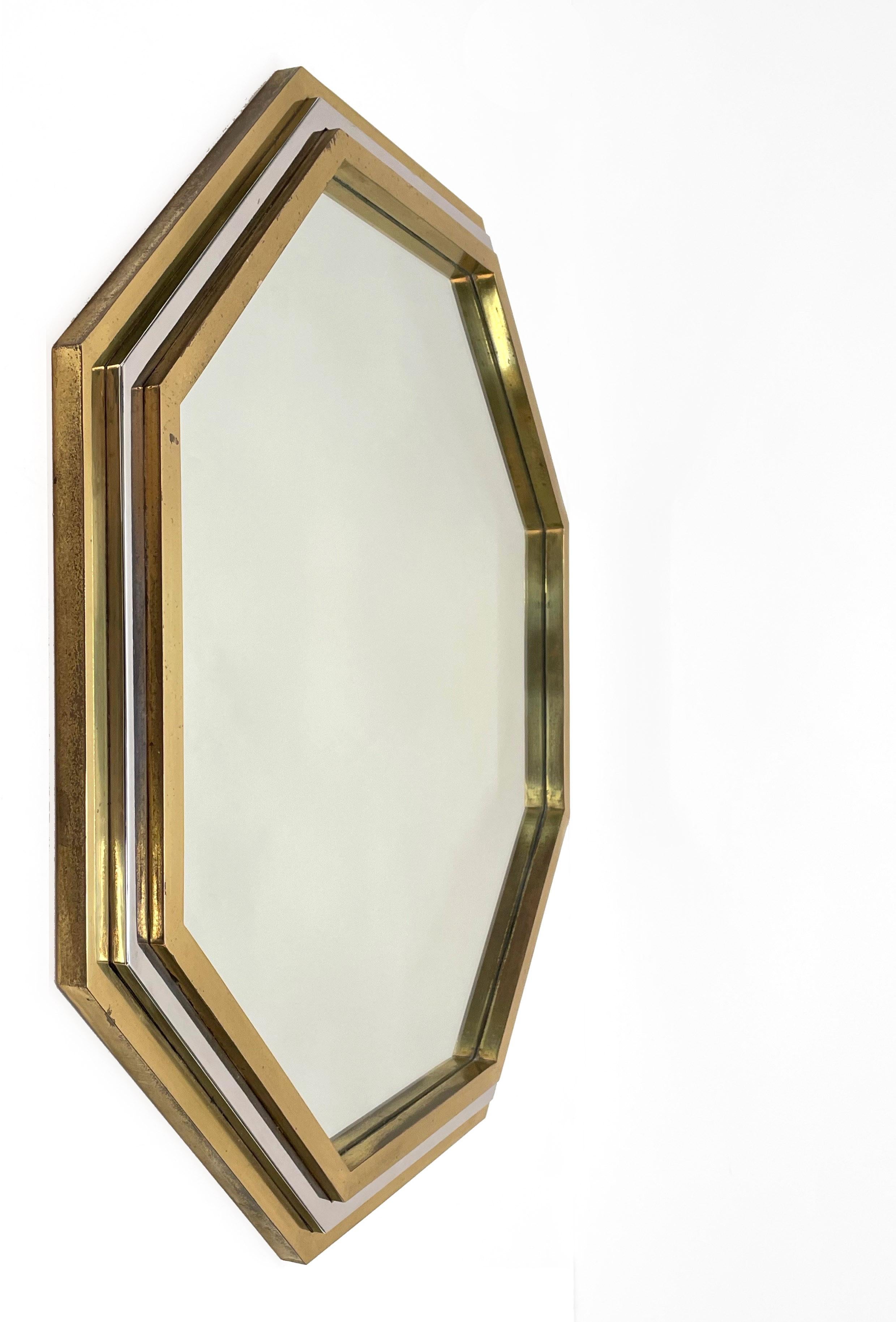 Italian Brass and Chrome Octagonal Wall Mirror Attributed to Willy Rizzo, 1970s 7