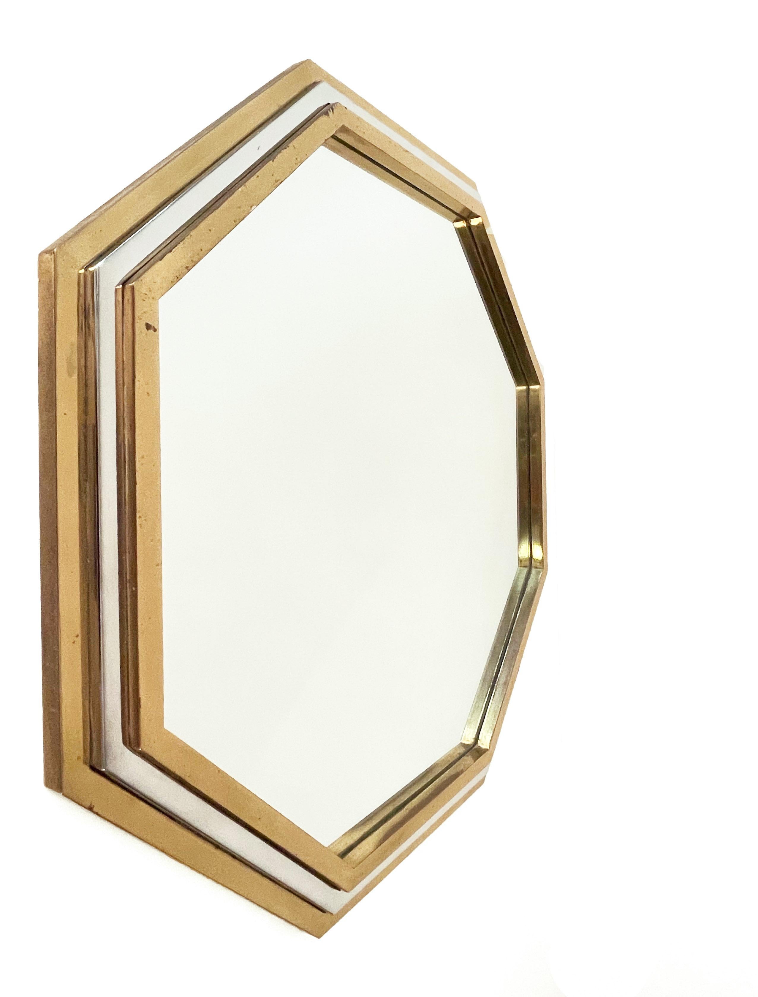 Mid-Century Modern Italian Brass and Chrome Octagonal Wall Mirror Attributed to Willy Rizzo, 1970s