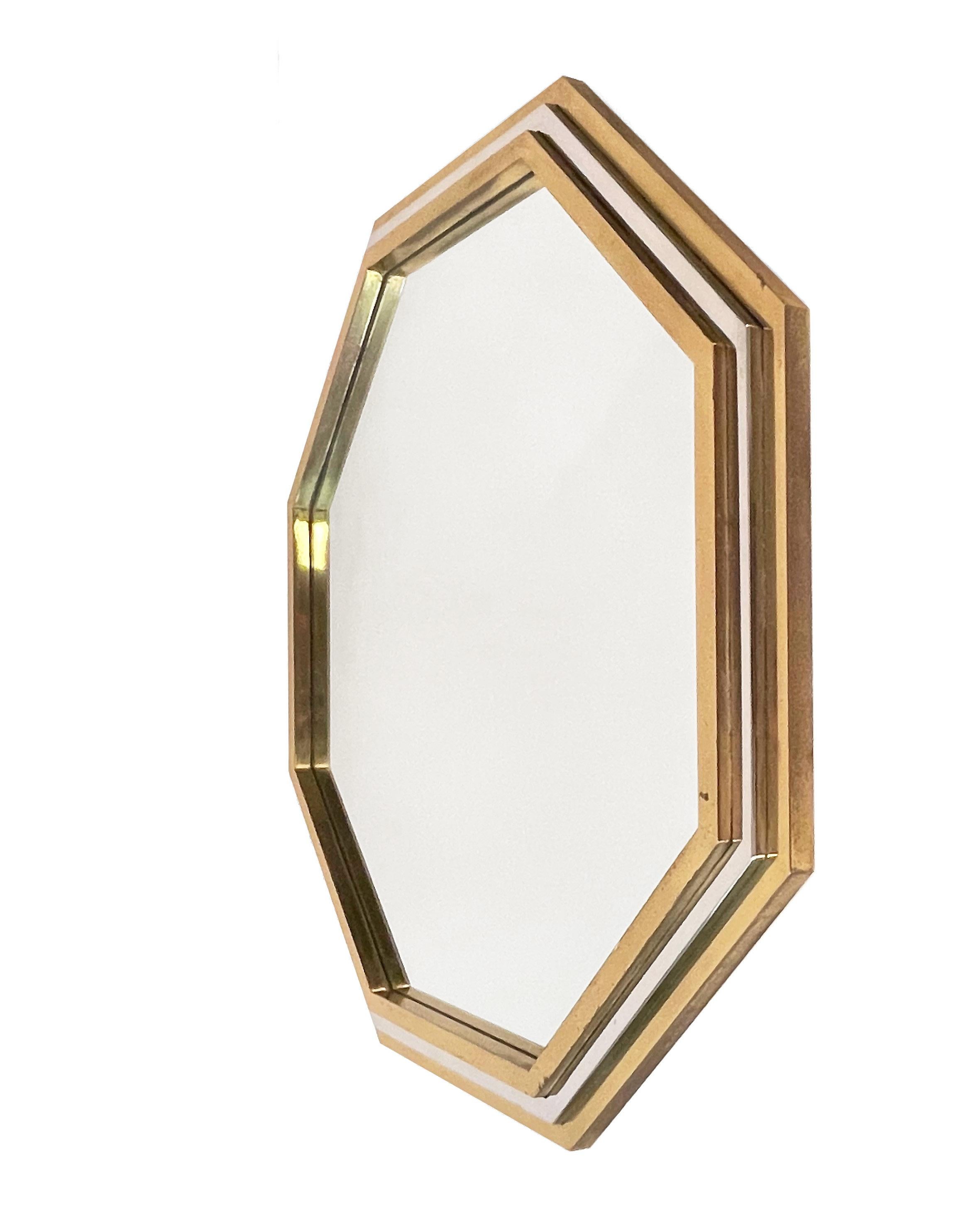 Italian Brass and Chrome Octagonal Wall Mirror Attributed to Willy Rizzo, 1970s In Good Condition In Roma, IT