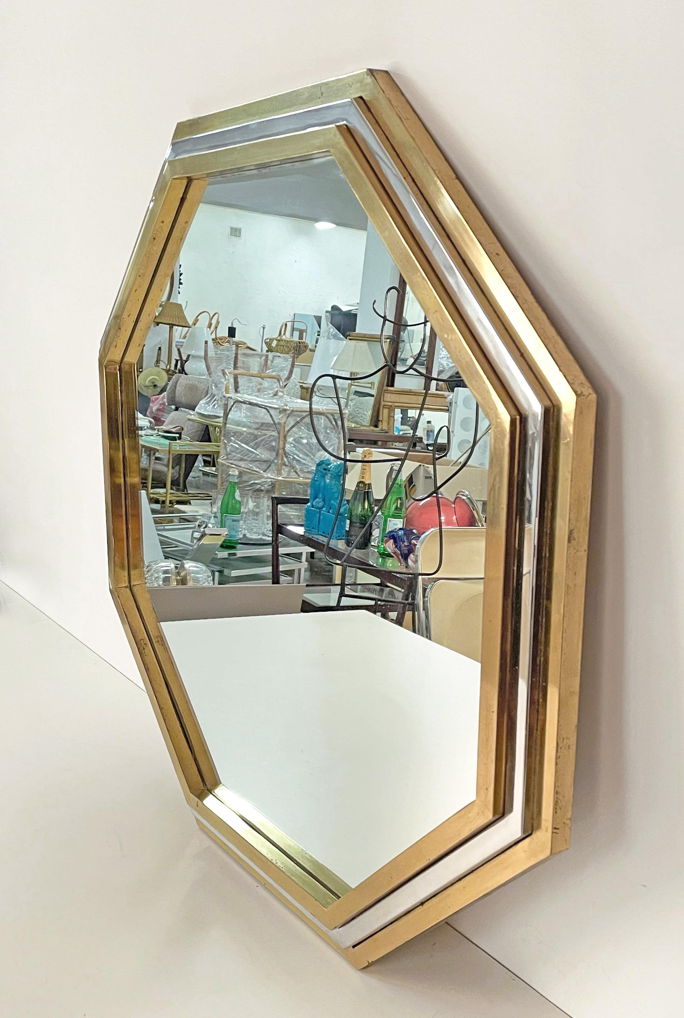 20th Century Italian Brass and Chrome Octagonal Wall Mirror Attributed to Willy Rizzo, 1970s