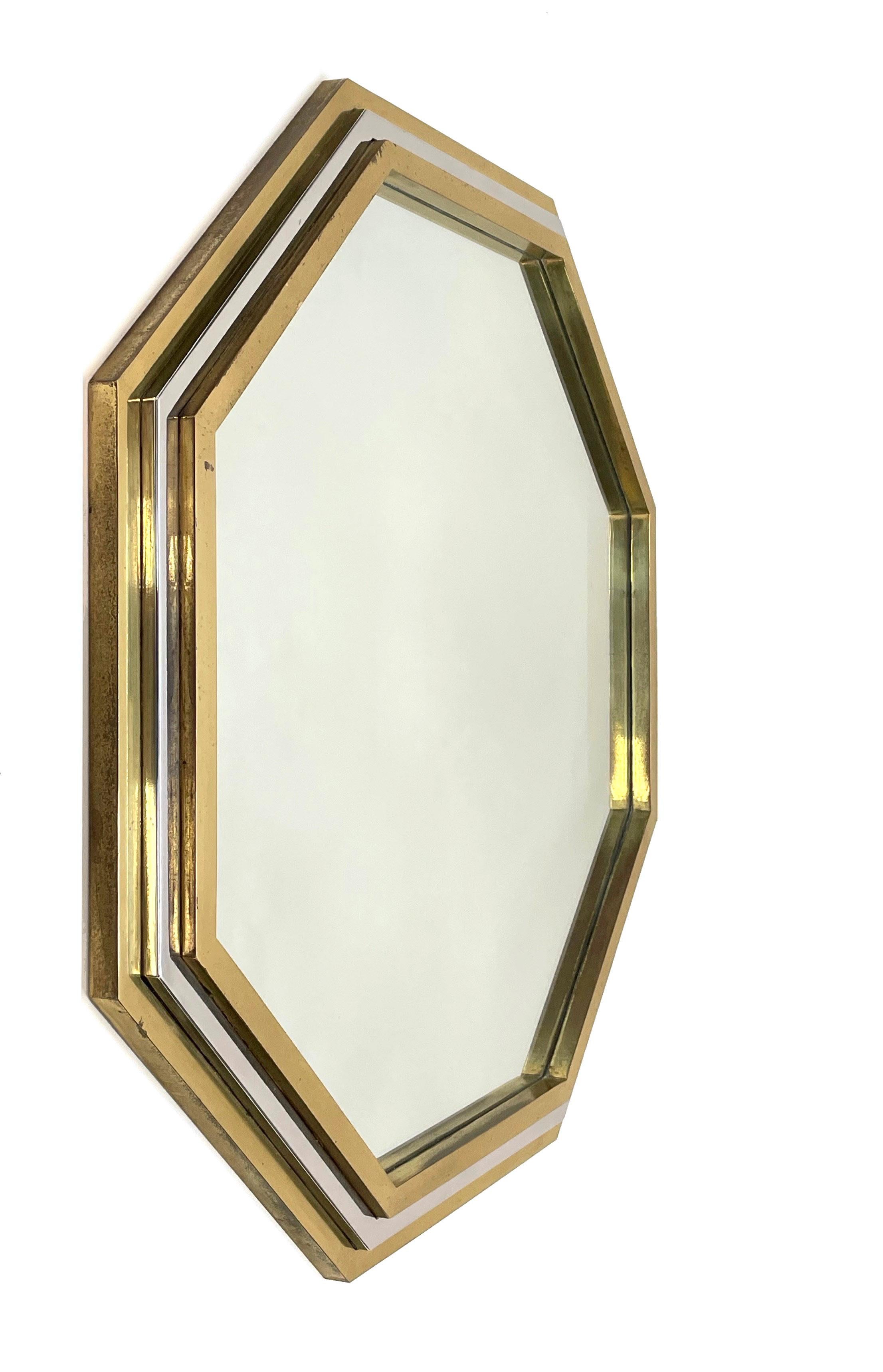 Italian Brass and Chrome Octagonal Wall Mirror Attributed to Willy Rizzo, 1970s 2