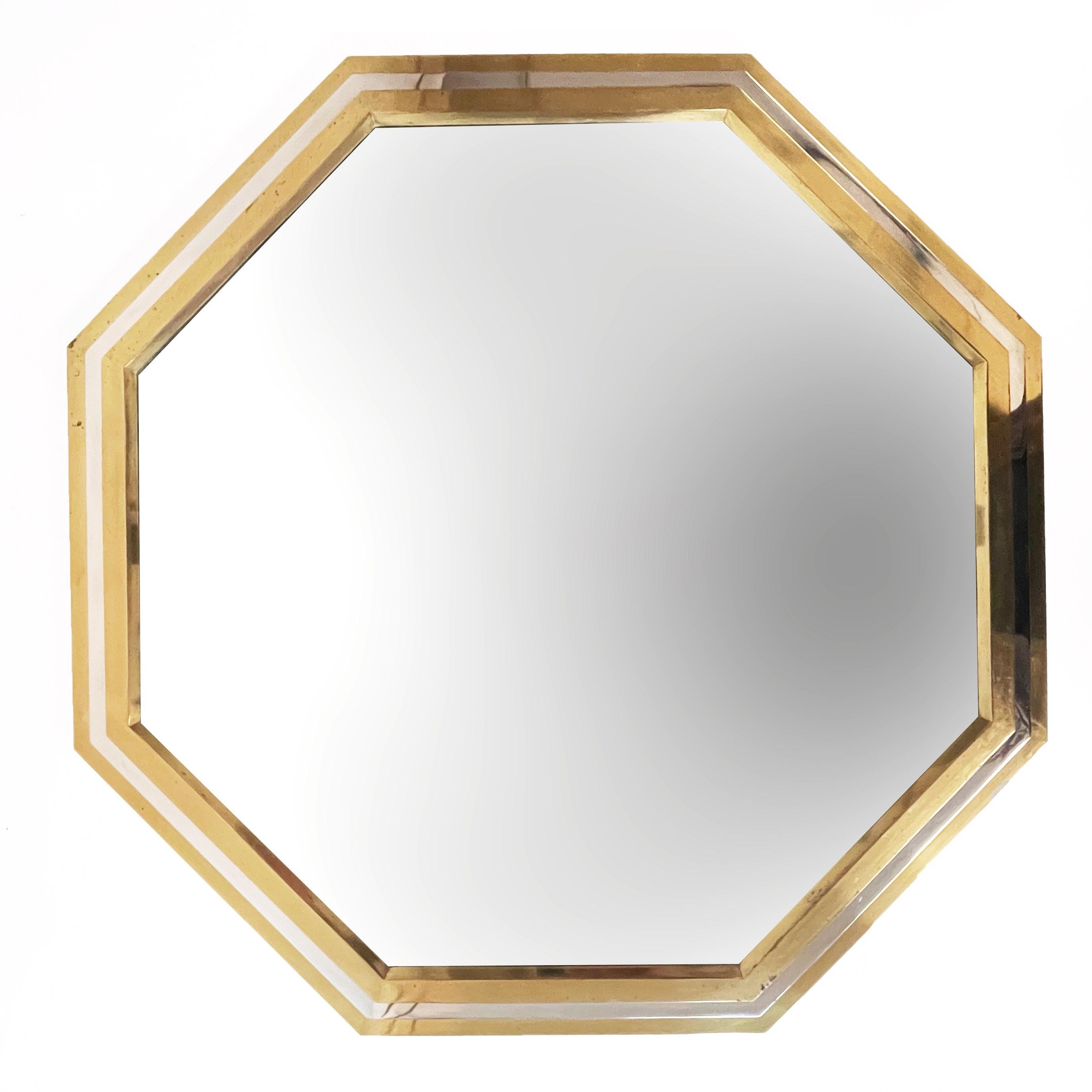 Italian Brass and Chrome Octagonal Wall Mirror Attributed to Willy Rizzo, 1970s 3