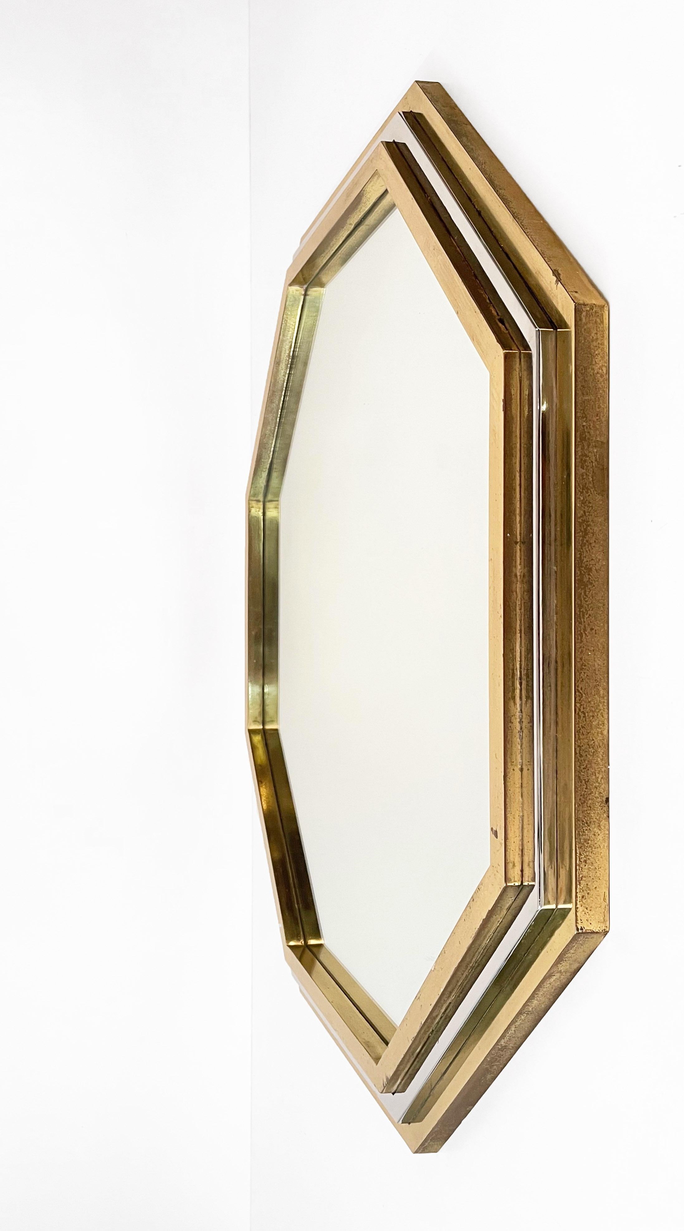 Italian Brass and Chrome Octagonal Wall Mirror Attributed to Willy Rizzo, 1970s 4