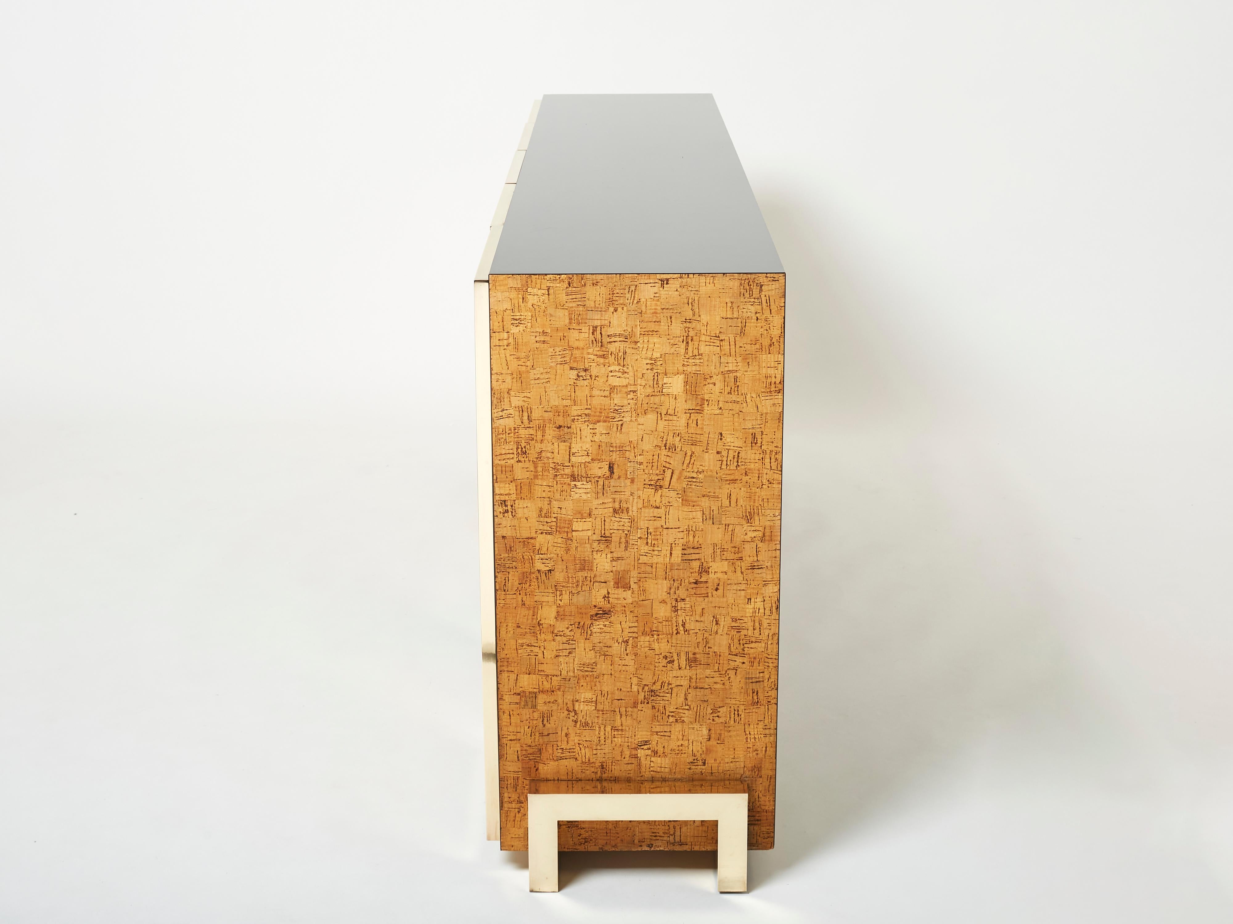 Italian Brass and Cork Marquetry Sideboard 1970s For Sale 6