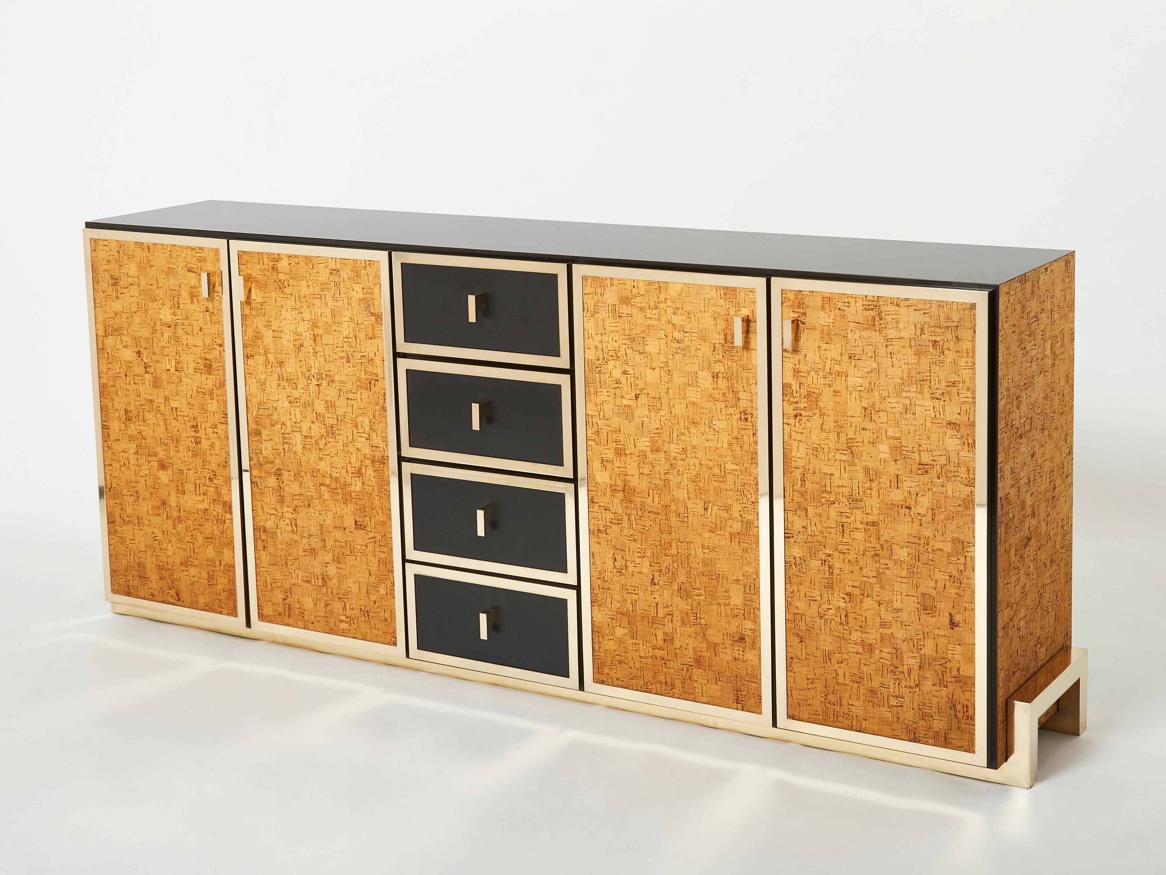 Italian Brass and Cork Marquetry Sideboard 1970s In Good Condition For Sale In Paris, IDF