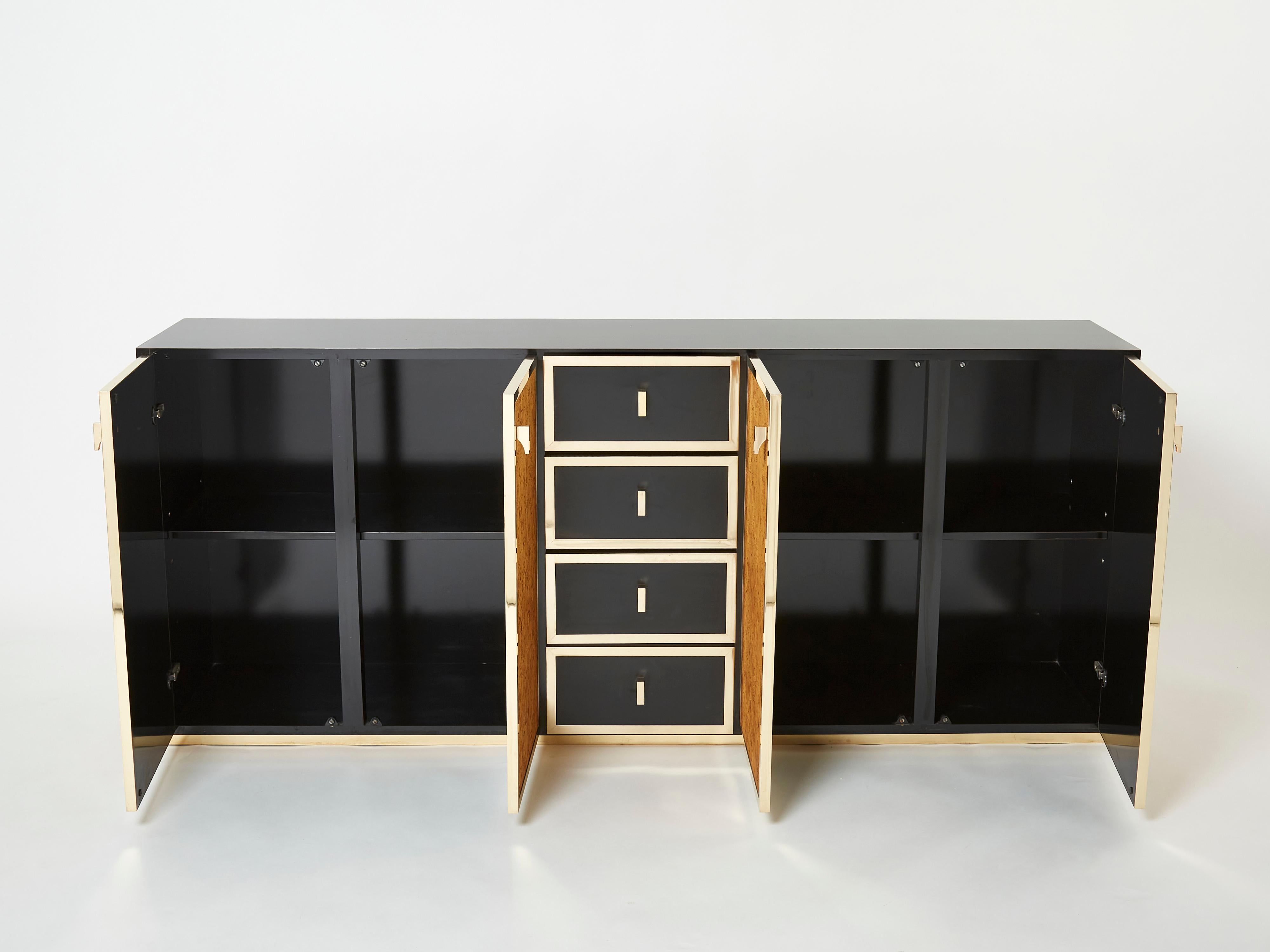 Italian Brass and Cork Marquetry Sideboard 1970s For Sale 1