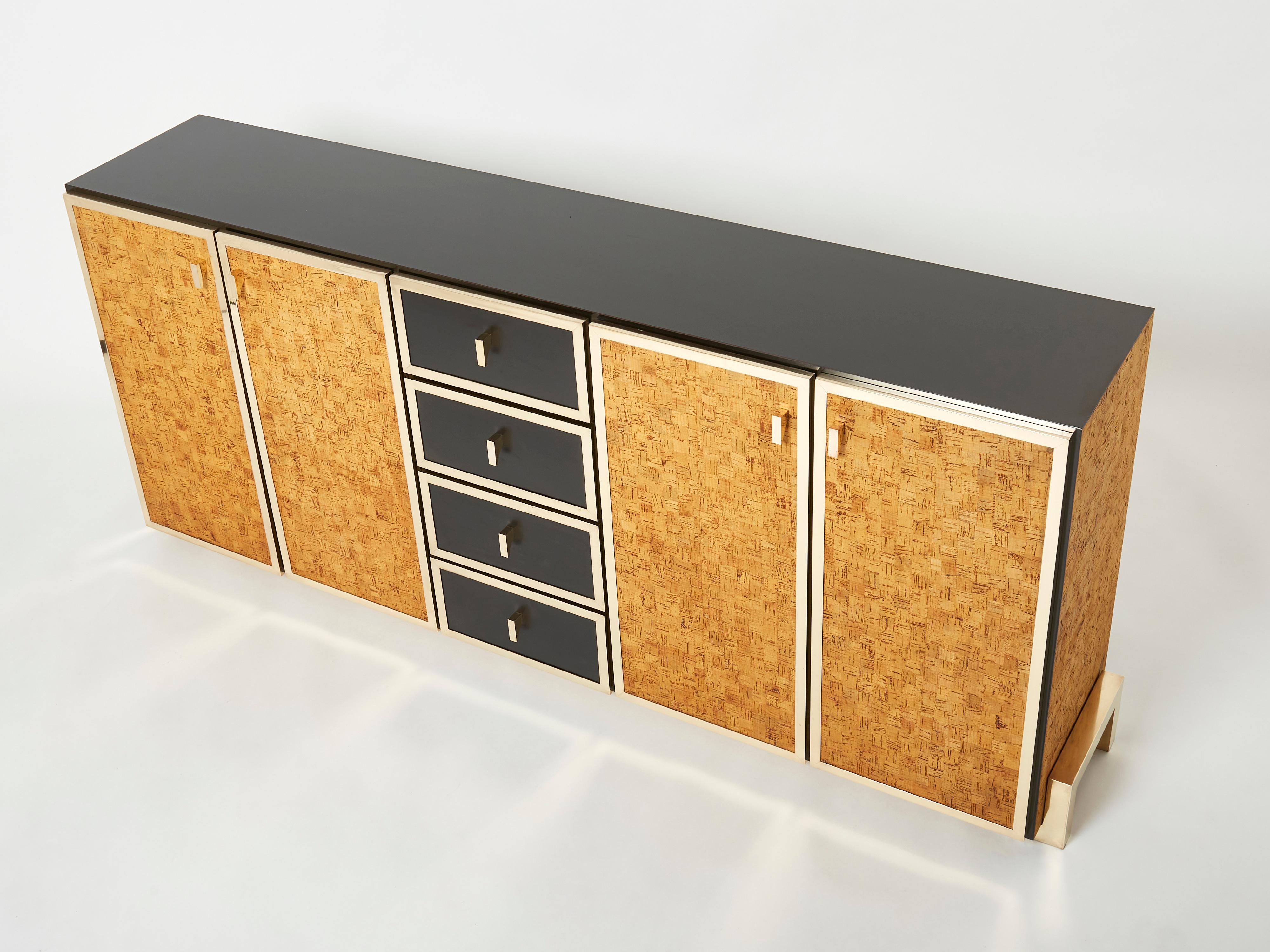 Italian Brass and Cork Marquetry Sideboard 1970s For Sale 3