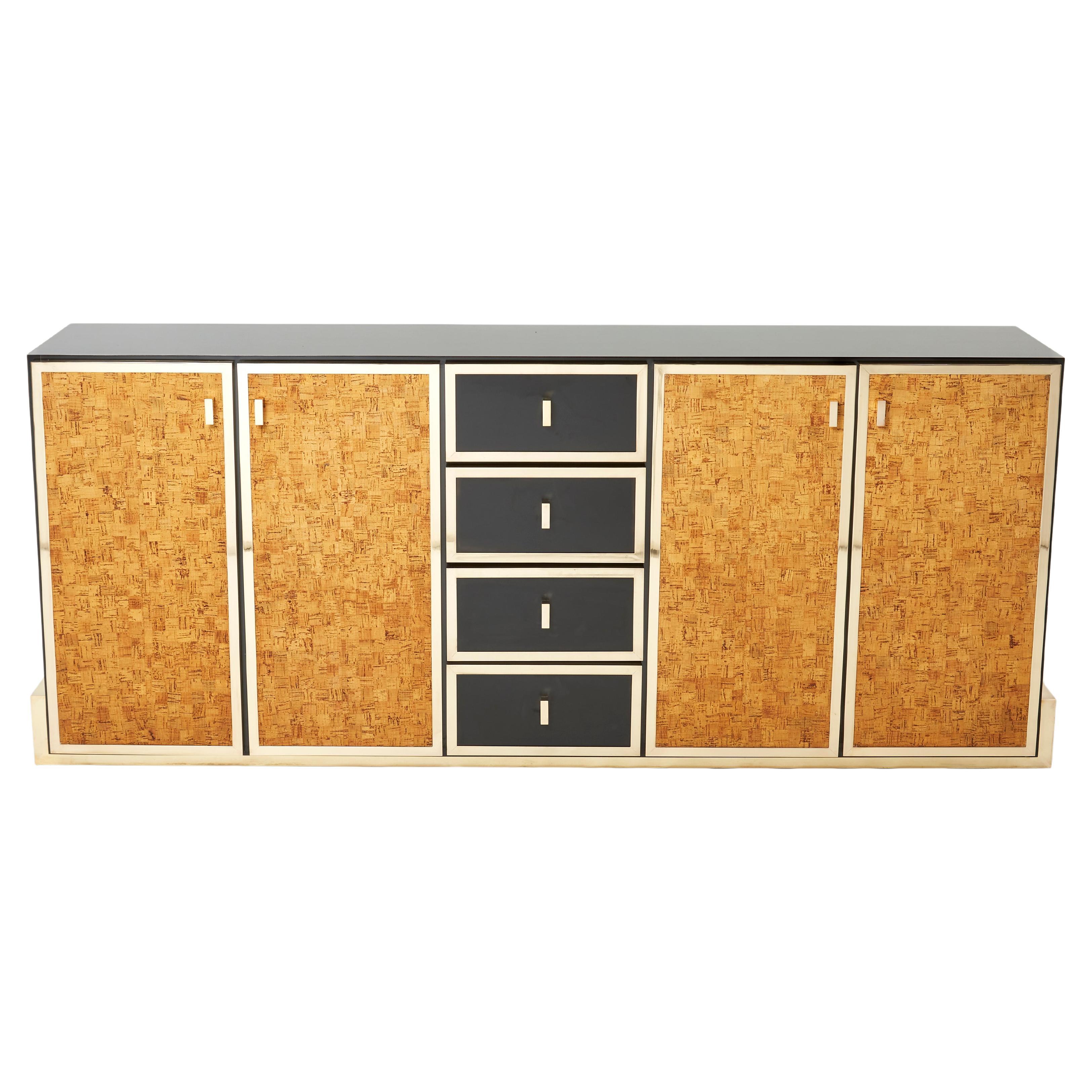 Italian Brass and Cork Marquetry Sideboard 1970s For Sale
