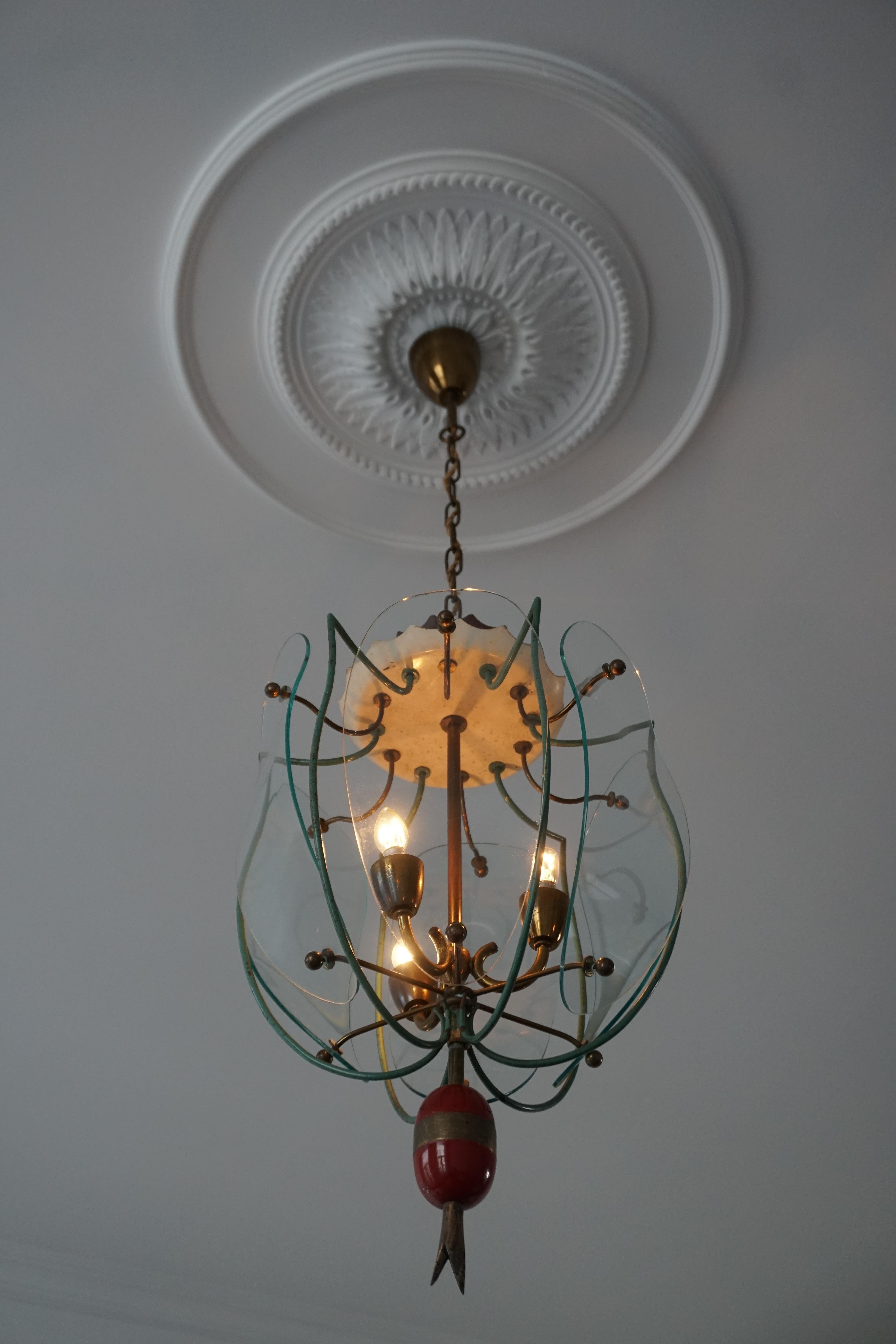 Mid-Century Modern Italian Brass and Curved Glass Pendant Light, Lantern For Sale