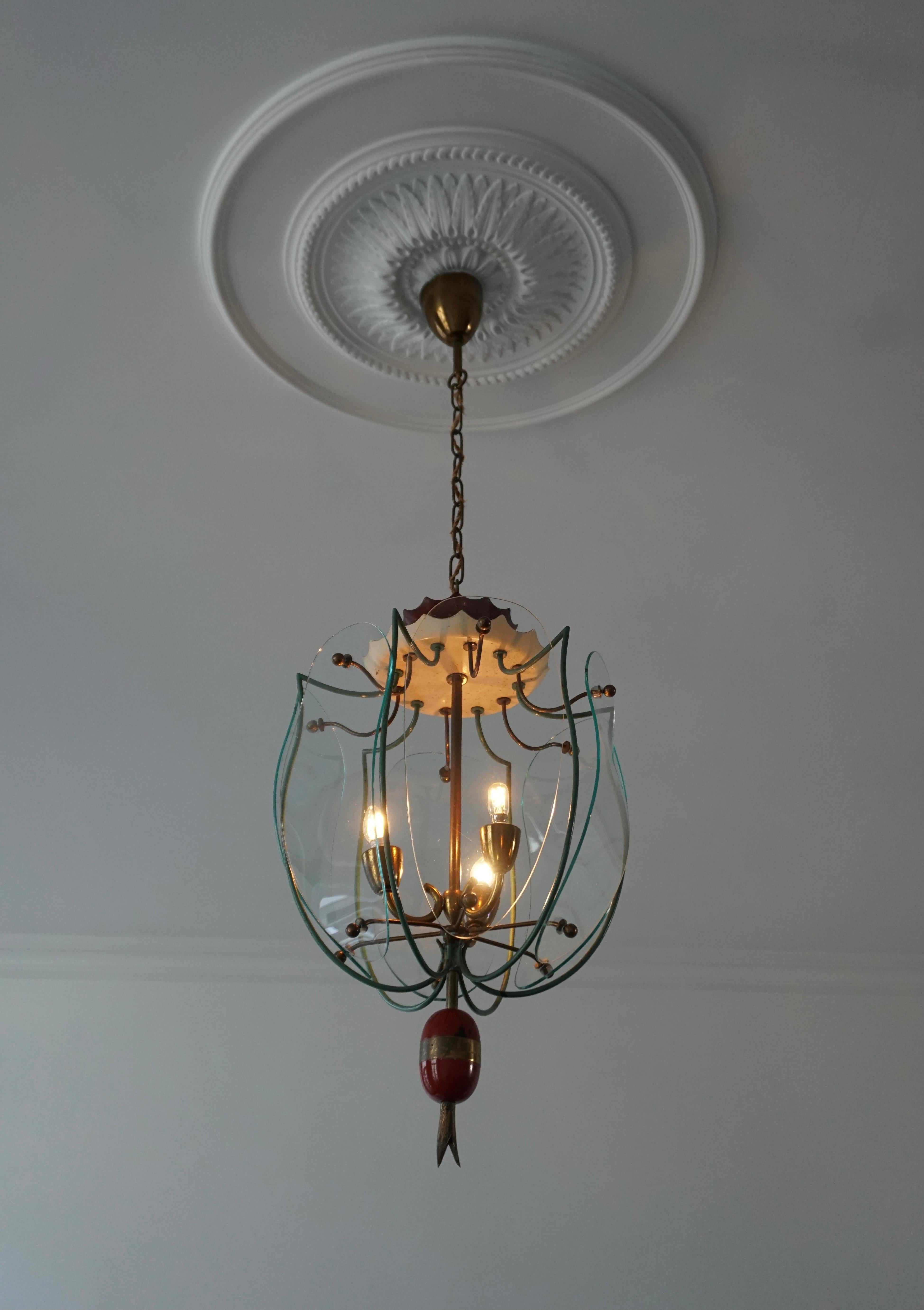 Italian Brass and Curved Glass Pendant Light, Lantern In Good Condition For Sale In Antwerp, BE
